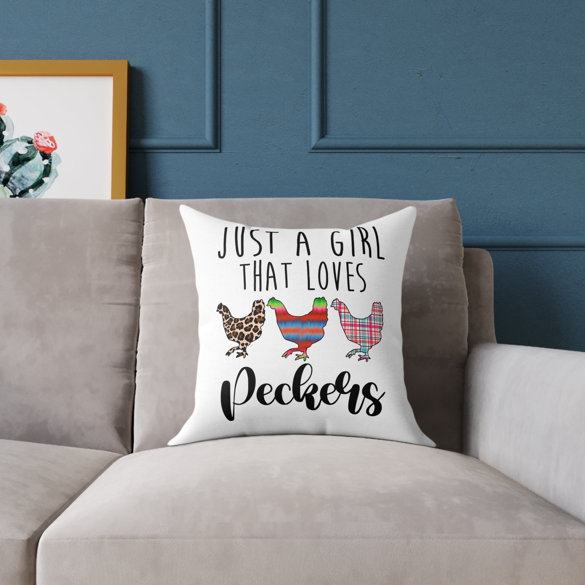 “Just a Girl That Loves Peckers” Throw Pillow – Funny Chicken Farmhouse Decor Cushion, Cute Homestead Accent Pillow