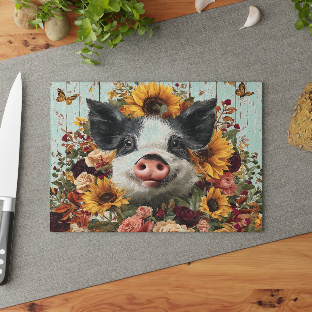 Sunflower Pig Glass Cutting Board – Rustic Farm Pig Kitchen Decor, Floral Farmhouse Cutting Board, Country Homestead Kitchen Gift