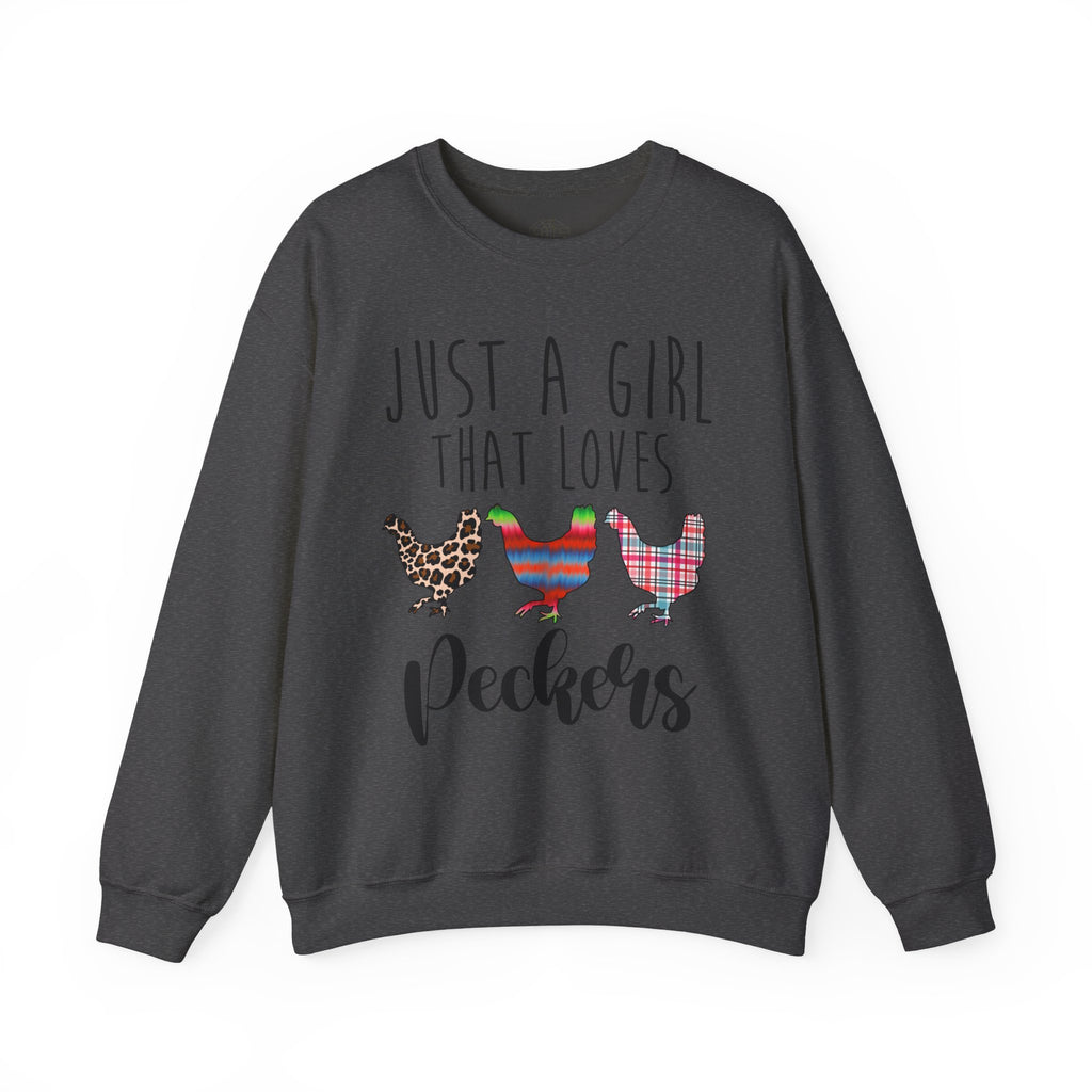 Just a Girl That Loves Peckers Sweatshirt – Funny Chicken Crewneck, Farmhouse Homestead Chicken Mom Pullover