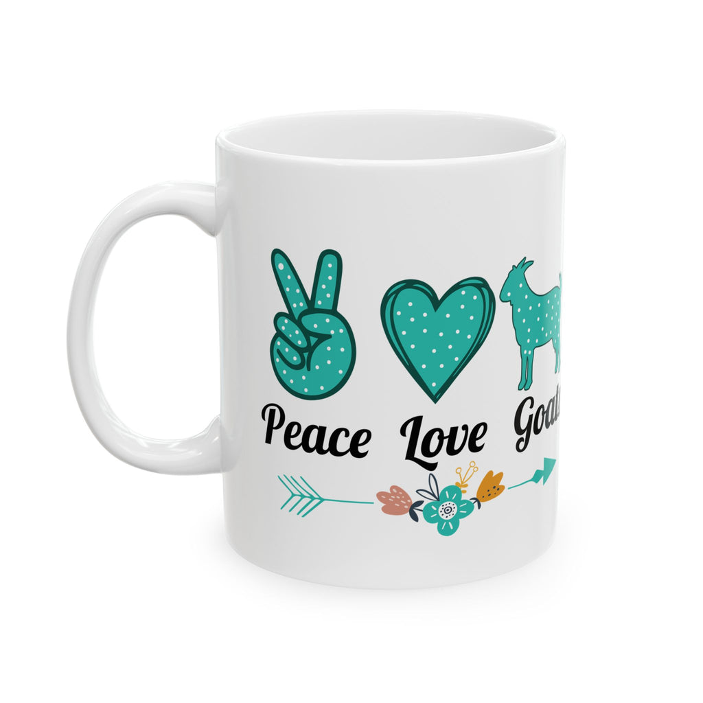 Peace Love Goats Ceramic Mug – Farm Homestead Coffee Cup, Goat Lover Gift, Sustainable Living Mug (11oz, 15oz)
