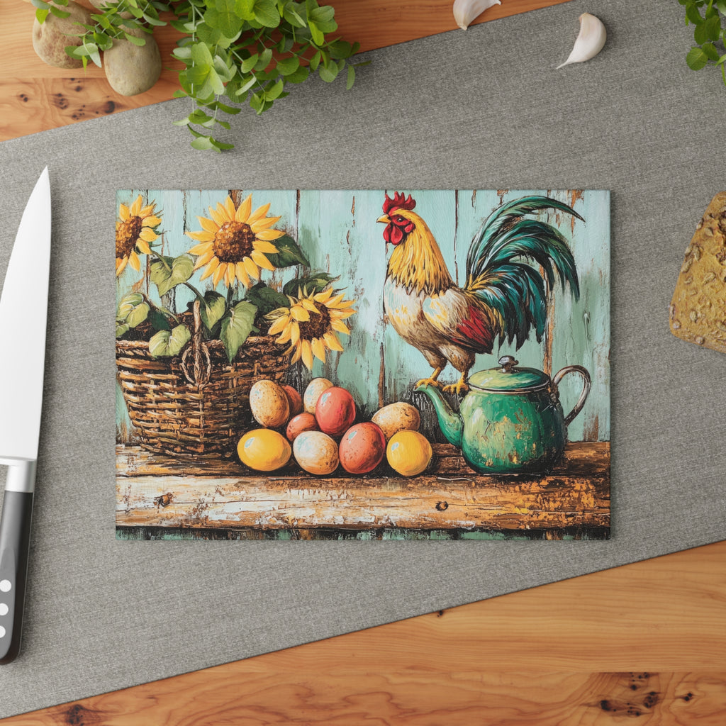 Farmhouse Rooster Glass Cutting Board | Rustic Chicken Kitchen Decor | Sunflower & Egg Tempered Glass Cutting Board | Gumpert Homestead