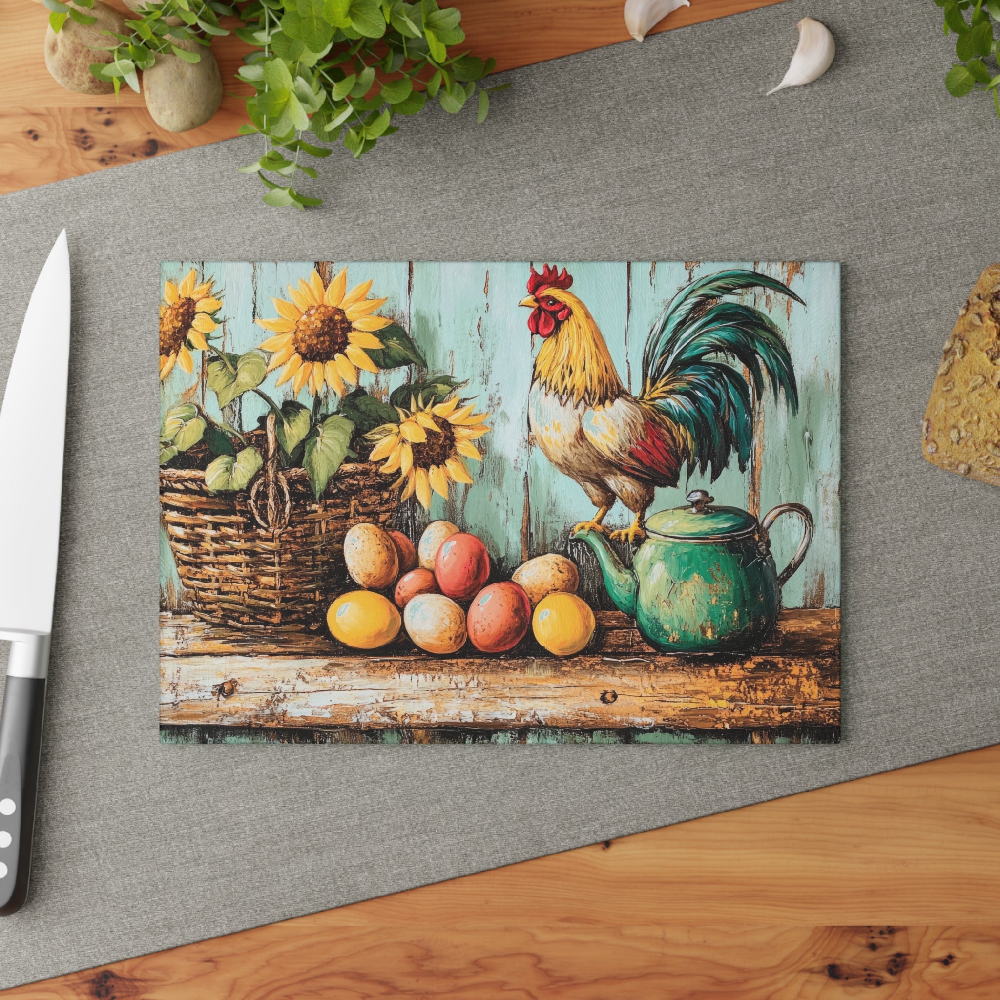 Farmhouse Rooster Glass Cutting Board | Rustic Chicken Kitchen Decor | Sunflower & Egg Tempered Glass Cutting Board | Gumpert Homestead