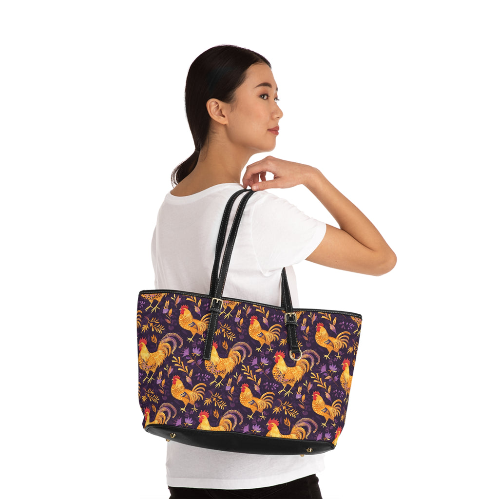 Purple & Gold Chicken Print Leather Shoulder Bag – Farmhouse Chicken Tote, Cute Hen Pattern Purse, Farm Life Handbag, Backyard Chicken Lover Bag