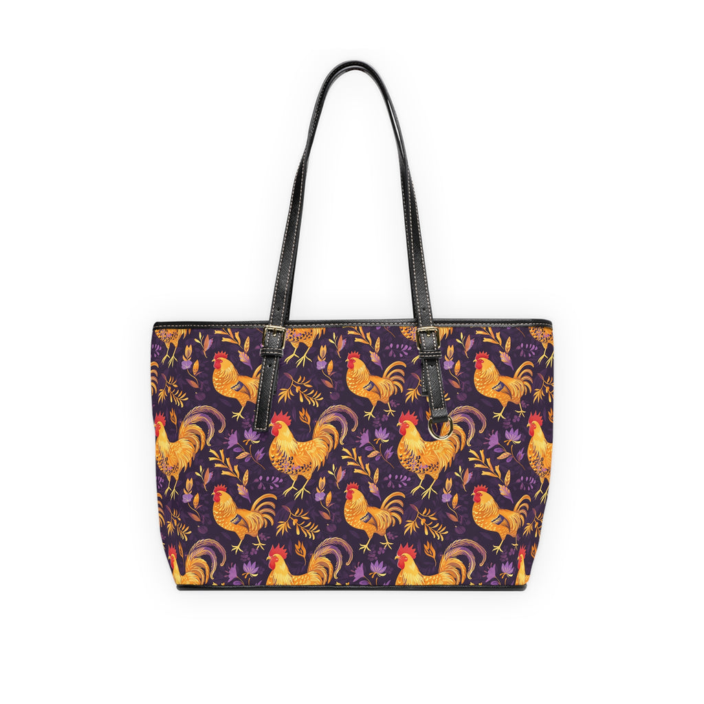 Purple & Gold Chicken Print Leather Shoulder Bag – Farmhouse Chicken Tote, Cute Hen Pattern Purse, Farm Life Handbag, Backyard Chicken Lover Bag