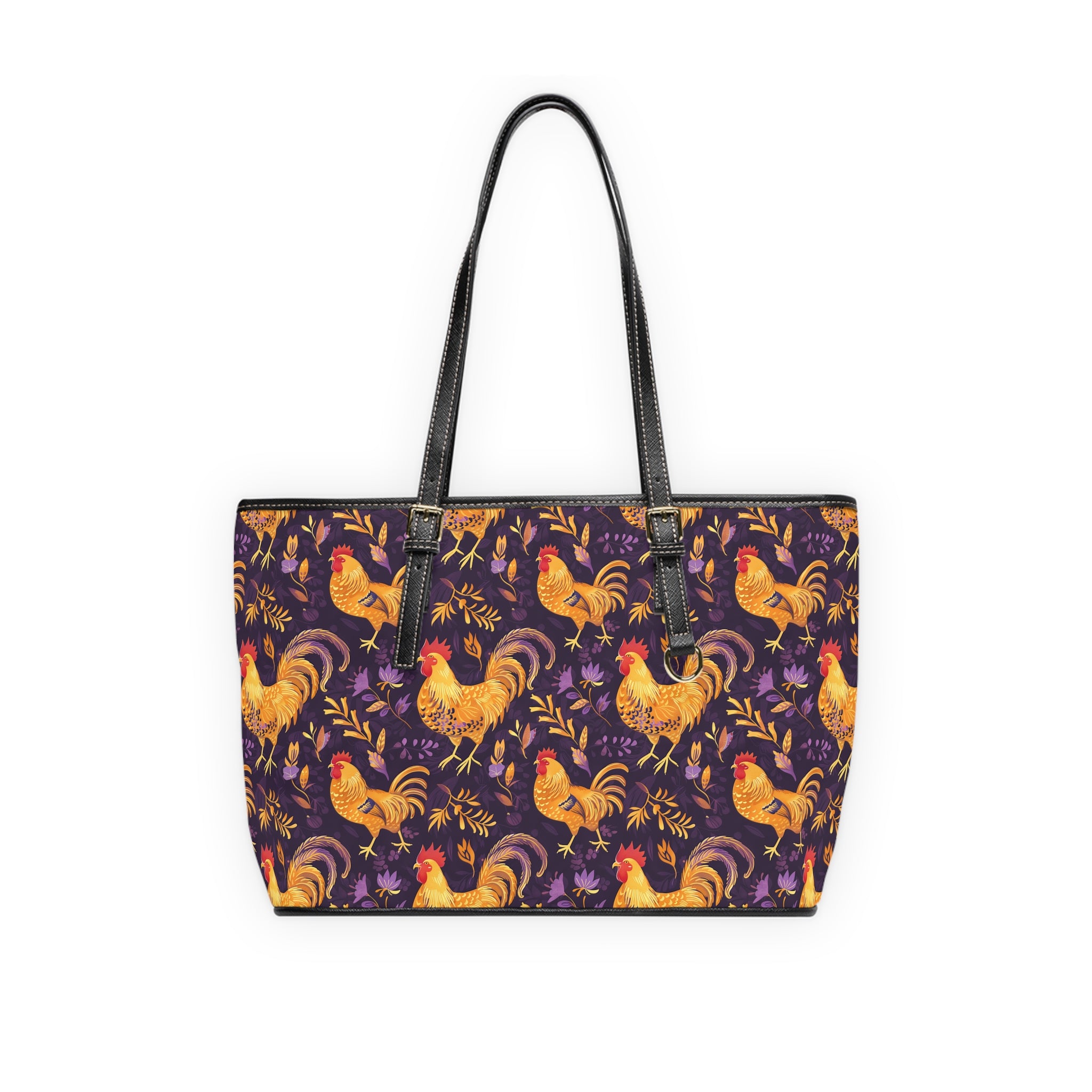 Purple & Gold Chicken Print Leather Shoulder Bag – Farmhouse Chicken Tote, Cute Hen Pattern Purse, Farm Life Handbag, Backyard Chicken Lover Bag