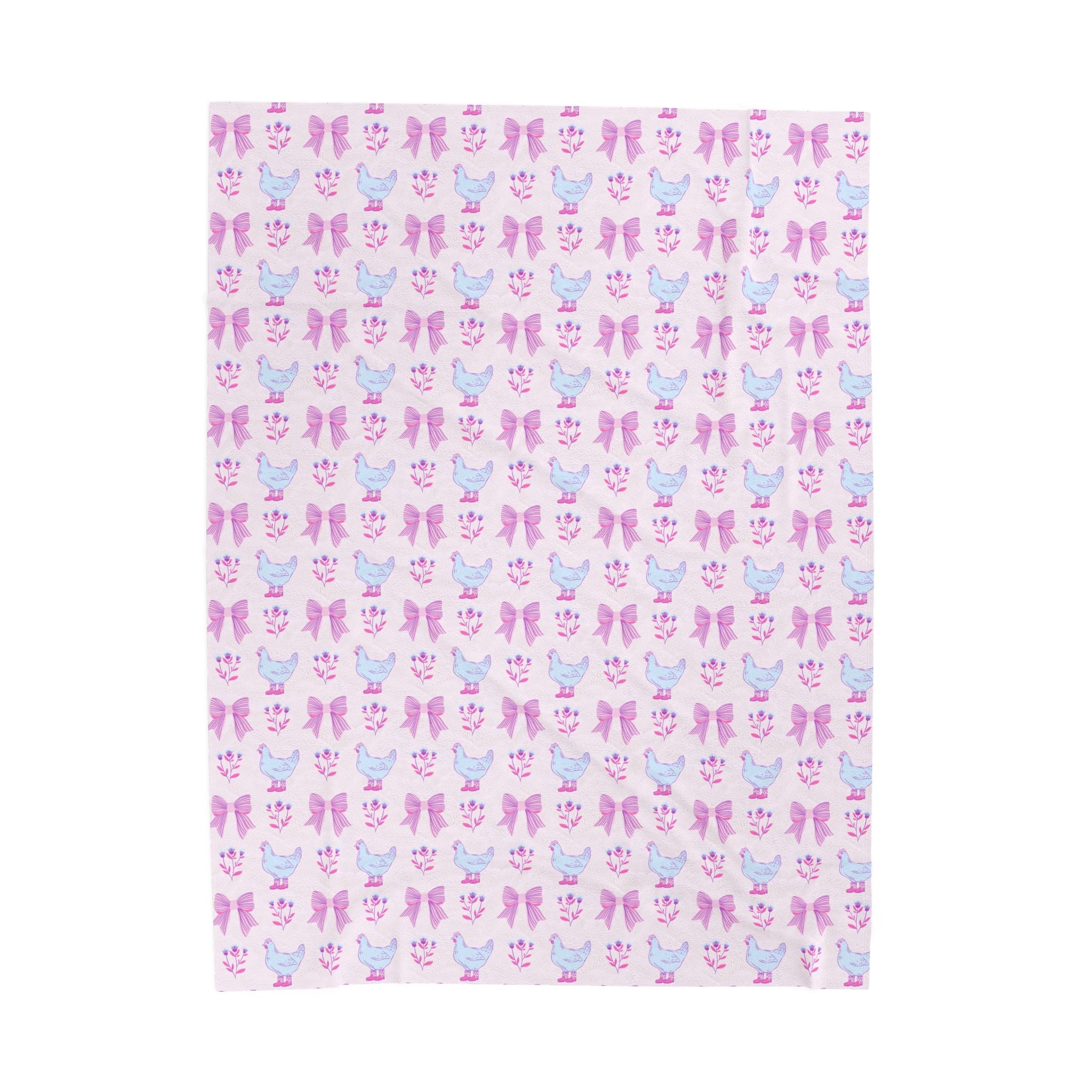 Pink Chicken Velveteen Plush Blanket – Cottagecore Bow Chicken Throw, Shabby Chic Farmhouse Cozy Home Decor