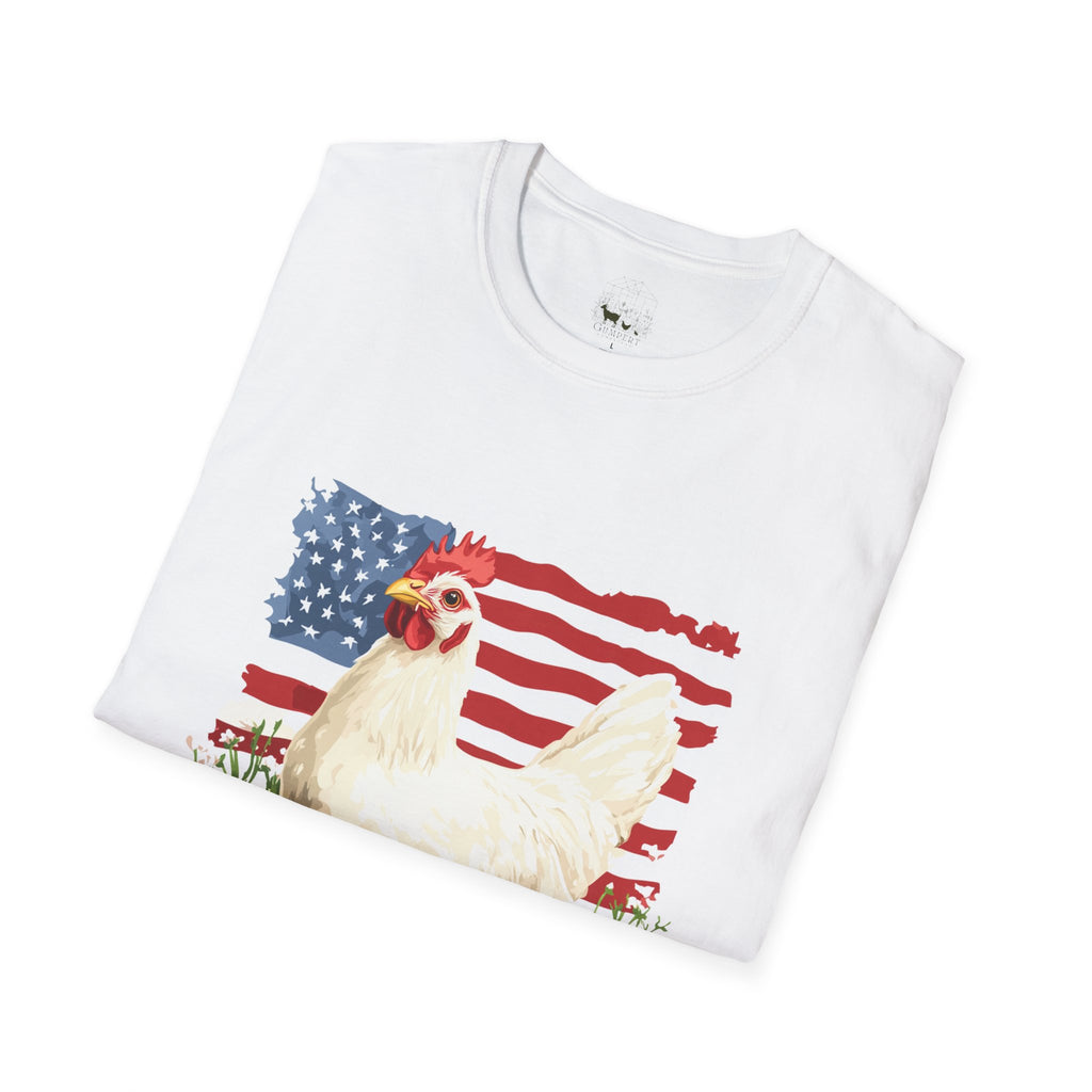 Patriotic Chicken T-Shirt – American Flag Hen Shirt, Farm Life Tee, 4th of July Chicken Shirt, Backyard Chicken Keeper Gift, Homestead Farm Apparel