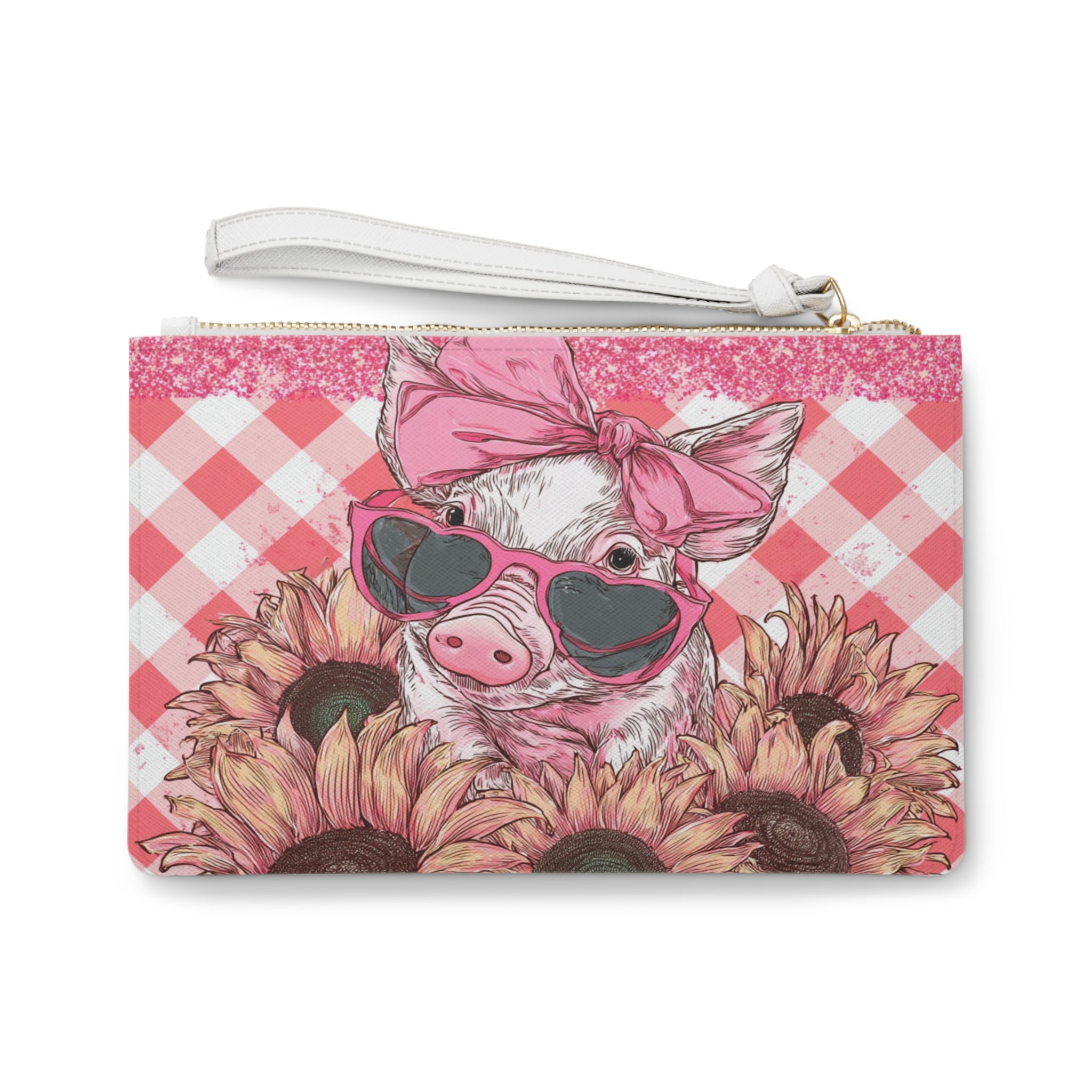 Pink Gingham Pig Clutch Bag | Cute Farm Pig Wristlet Purse | Farmhouse Makeup Bag | Sunflower Pig Zipper Pouch | Cottagecore Homestead Gift