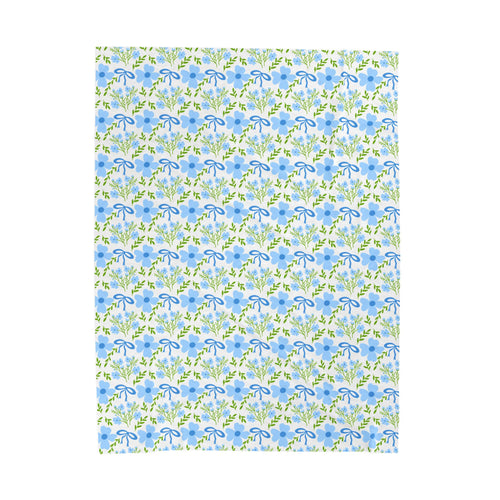 Blue Floral Bow Plush Blanket | Cottagecore Flower Throw Blanket | Vintage Garden Ribbon Pattern | Farmhouse Bedroom Decor | Cozy Spring Floral Blanket
