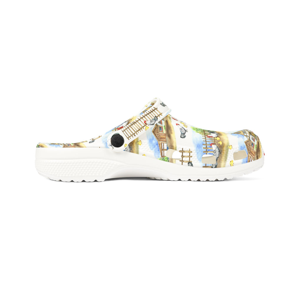 Chicken Farm Family Print EVA Clogs – Farm Life Chicken Shoes, Backyard Chicken Slip-On, Homestead Comfort Clogs