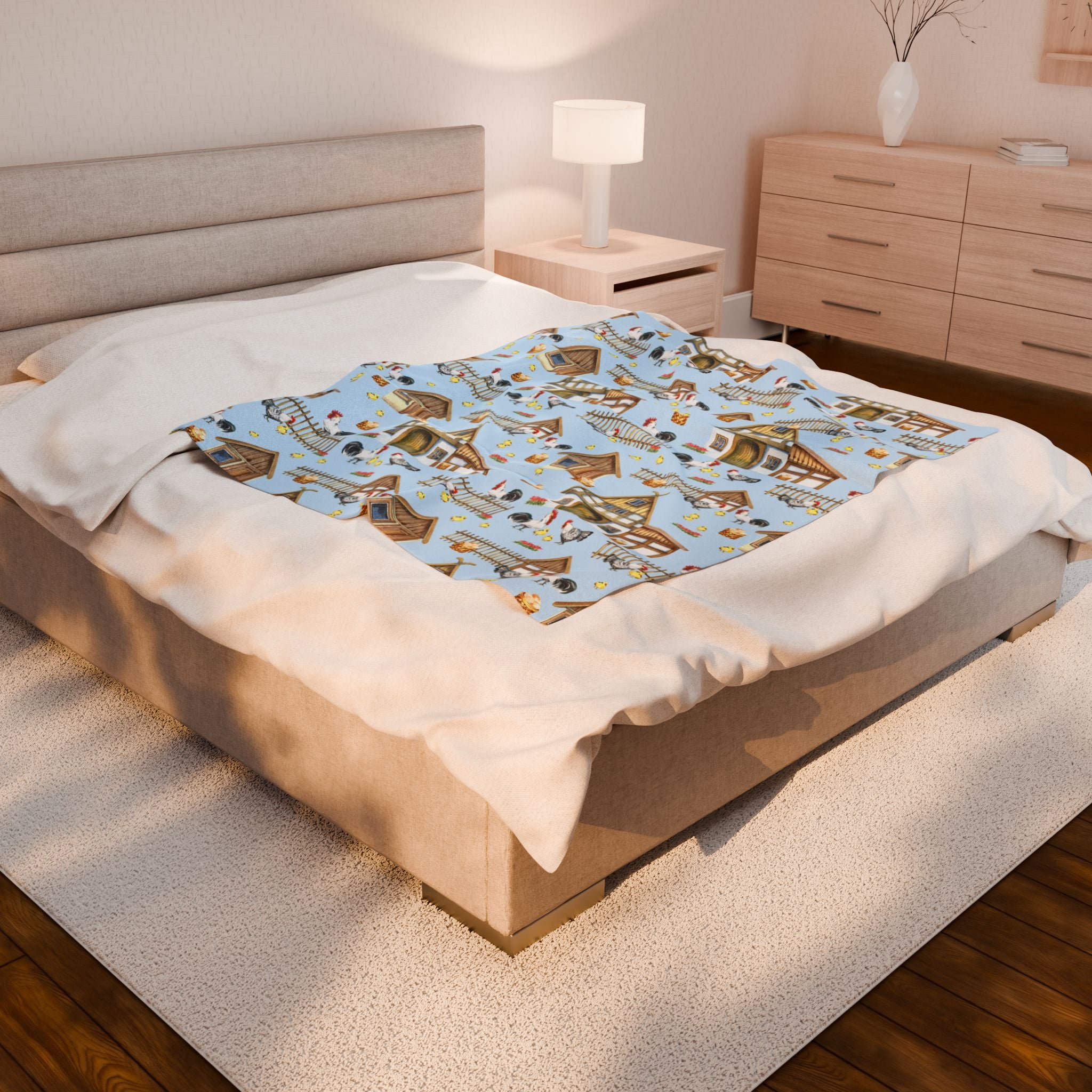 Farm Scene Velveteen Plush Blanket – Cozy Cottagecore Village Throw, Country Homestead Farmhouse Home Decor