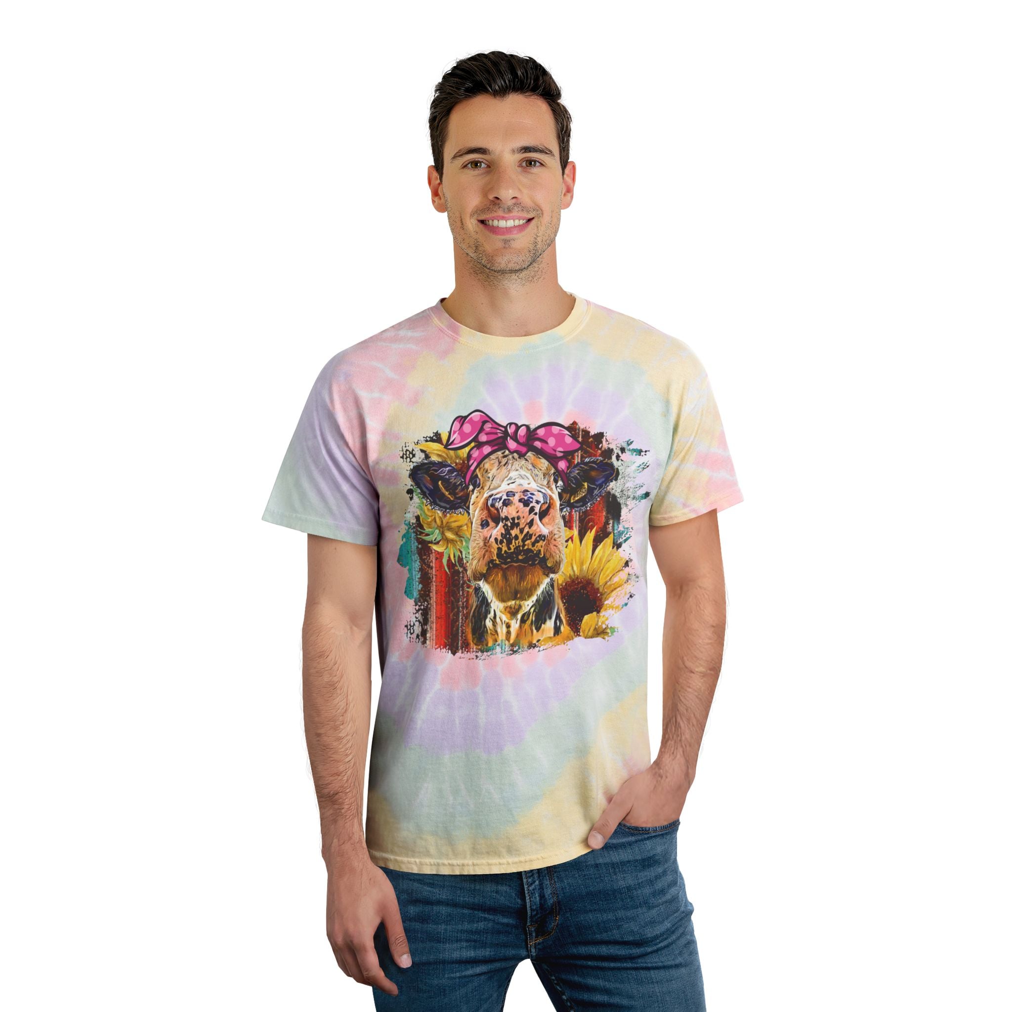Floral Highland Cow Tie-Dye T-Shirt – Boho Farm Cow Tee, Sunflower Cowgirl Shirt, Cottagecore Farm Life Apparel