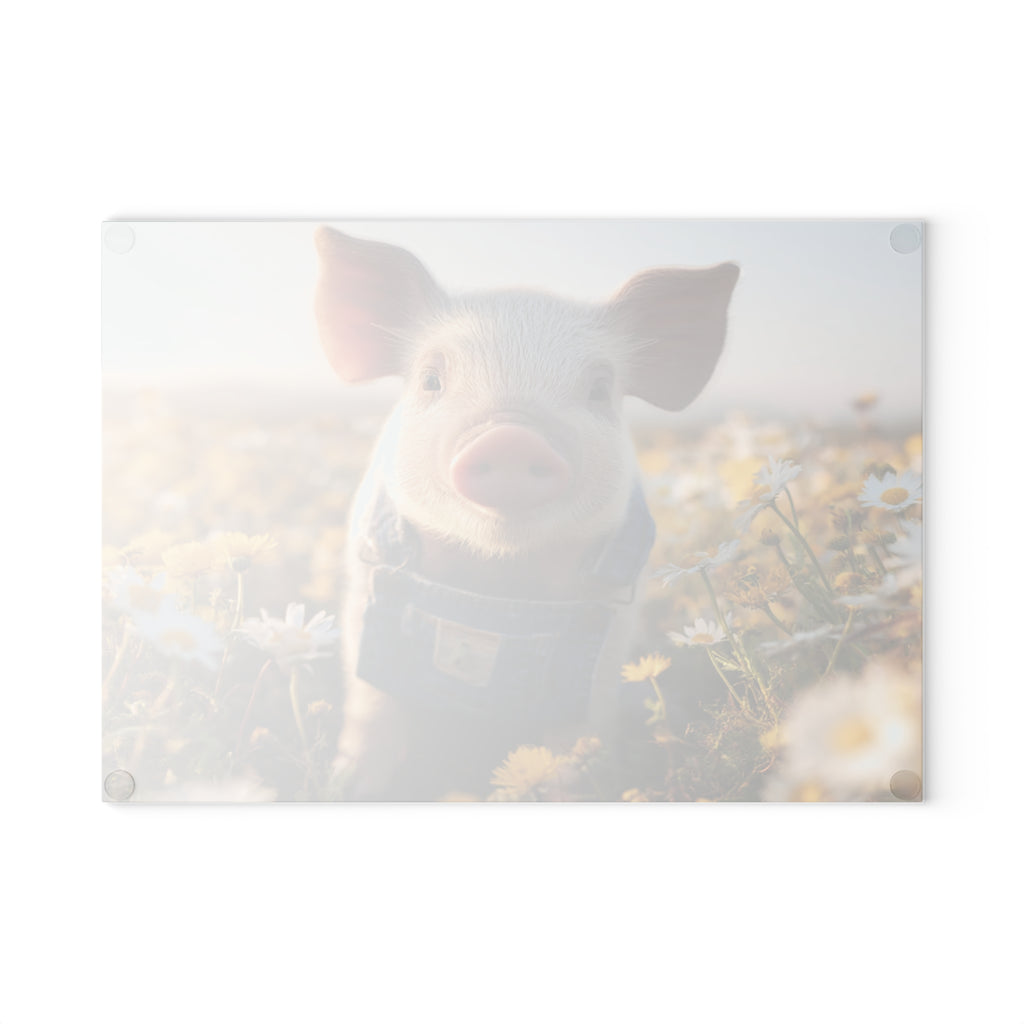 Piglet in Overalls Glass Cutting Board – Cute Farm Pig Kitchen Decor, Baby Pig Farmhouse Cutting Board, Country Homestead Kitchen Gift