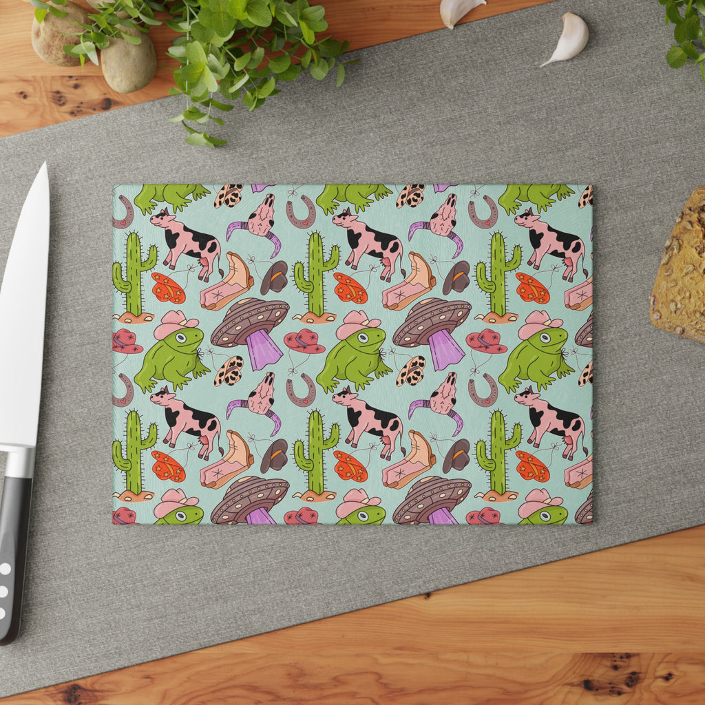 Cowgirl Western Glass Cutting Board | Pink Western Kitchen Decor | Cowboy Boots & Cactus Tempered Glass Cutting Board | Gumpert Homestead