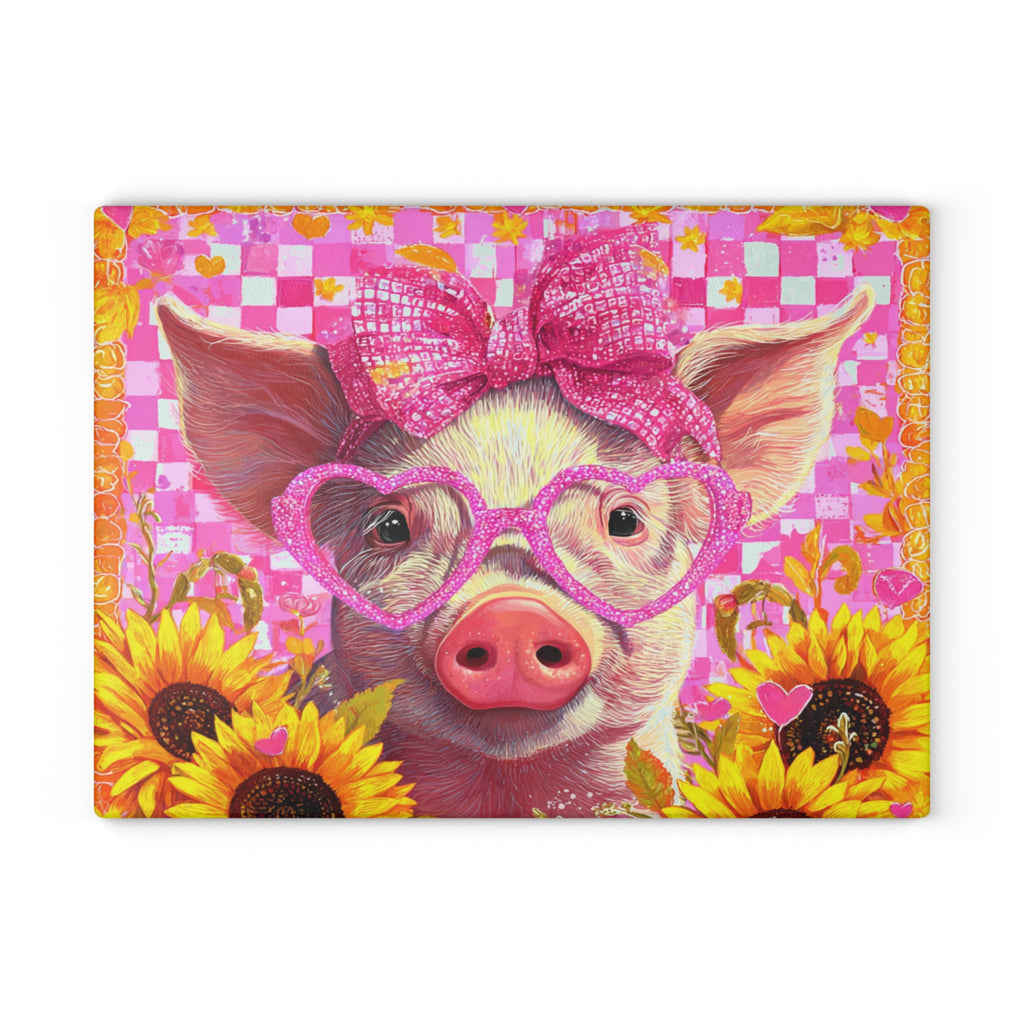 Cute Pink Floral Pig Glass Cutting Board – Farmhouse Sunflower Pig Kitchen Decor, Country Farm Animal Cutting Board, Rustic Homestead Gift