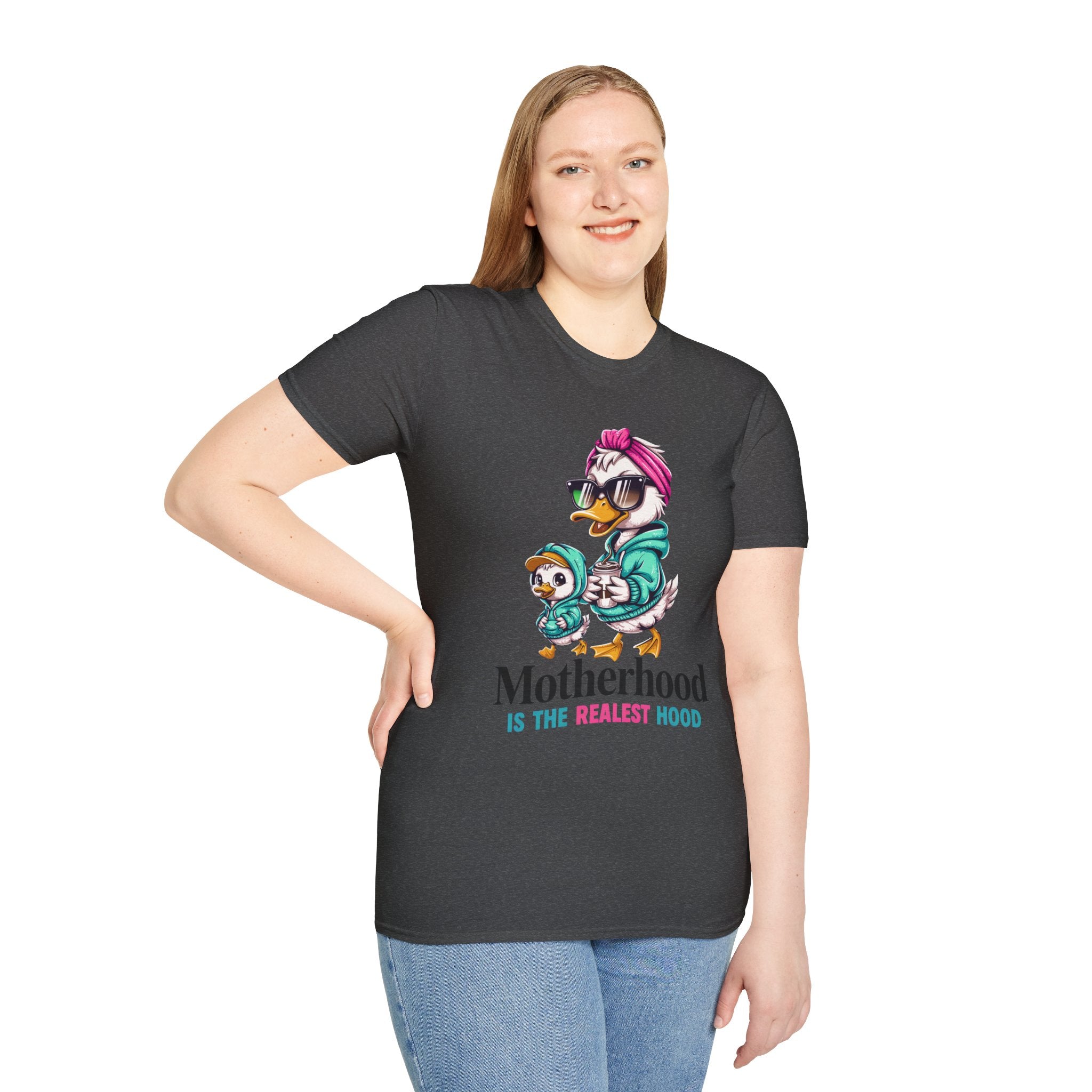 Motherhood Is the Realest Hood Cute Duck Mom Unisex T-Shirt | Funny Farm Mom Graphic Tee