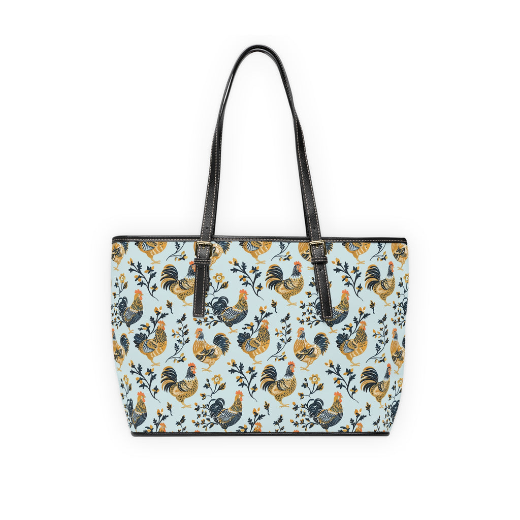 Blue Botanical Chicken Print Leather Shoulder Bag – Farmhouse Chicken Tote, Cute Hen Pattern Purse, Farm Life Handbag, Backyard Chicken Lover Bag