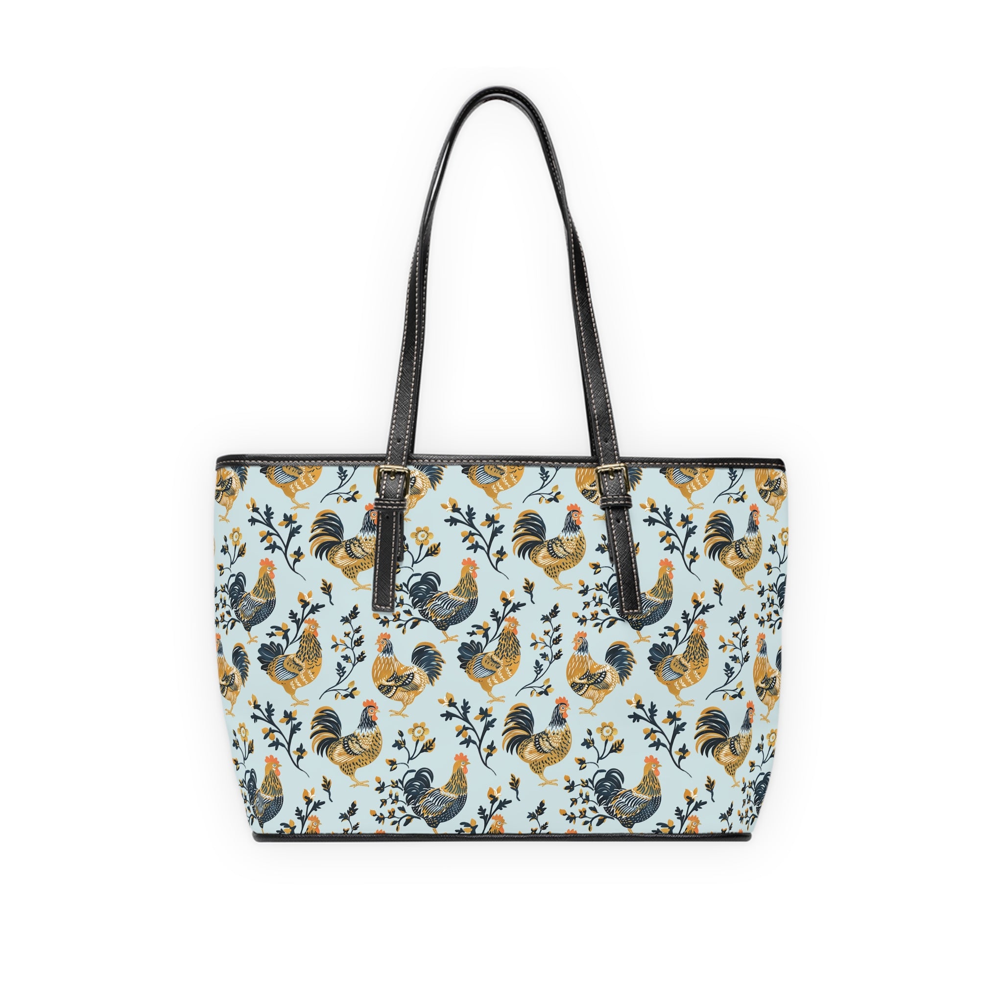 Blue Botanical Chicken Print Leather Shoulder Bag – Farmhouse Chicken Tote, Cute Hen Pattern Purse, Farm Life Handbag, Backyard Chicken Lover Bag