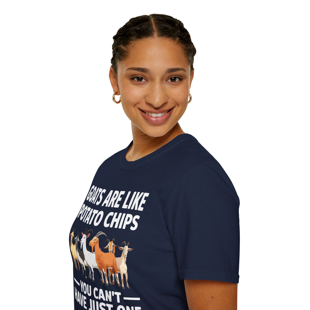 “Goats Are Like Potato Chips – You Can’t Have Just One” Funny Goat Lover Unisex T-Shirt | Farm Life Goat Tee