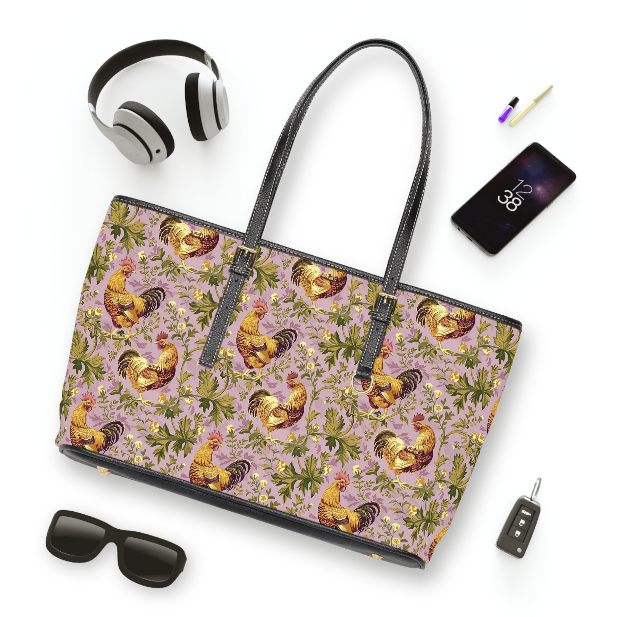 Lavender Botanical Chicken Print Leather Shoulder Bag – Farmhouse Chicken Tote, Cute Hen Pattern Purse, Farm Life Handbag, Backyard Chicken Lover Bag