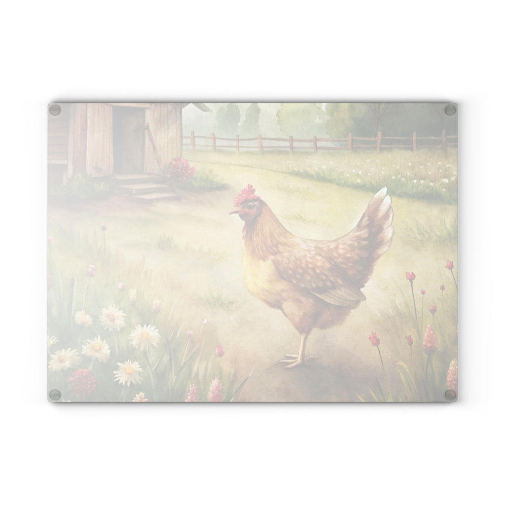 Farmhouse Chicken Glass Cutting Board | Rustic Hen Kitchen Decor | Watercolor Chicken Tempered Glass Cutting Board | Gumpert Homestead