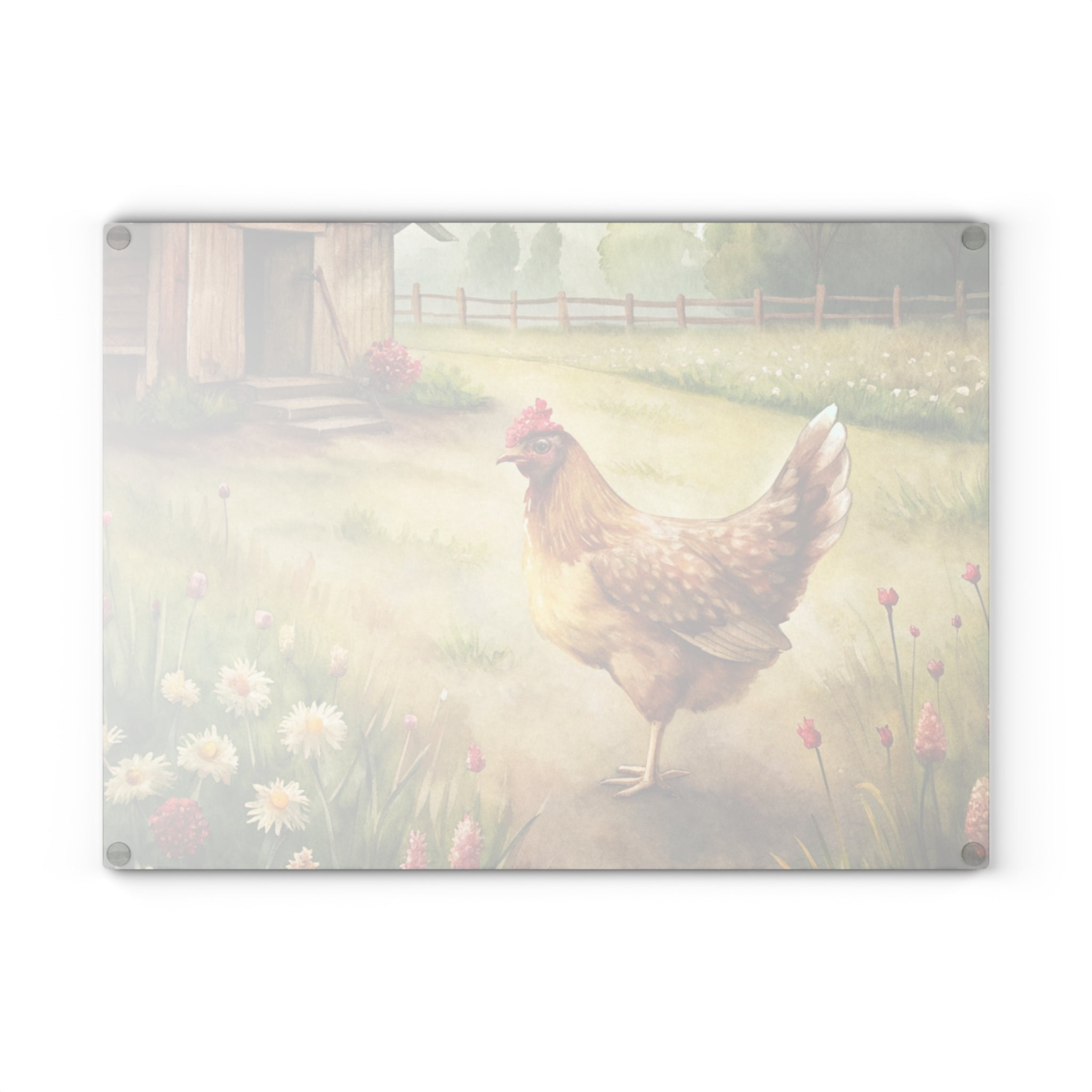 Farmhouse Chicken Glass Cutting Board | Rustic Hen Kitchen Decor | Watercolor Chicken Tempered Glass Cutting Board | Gumpert Homestead