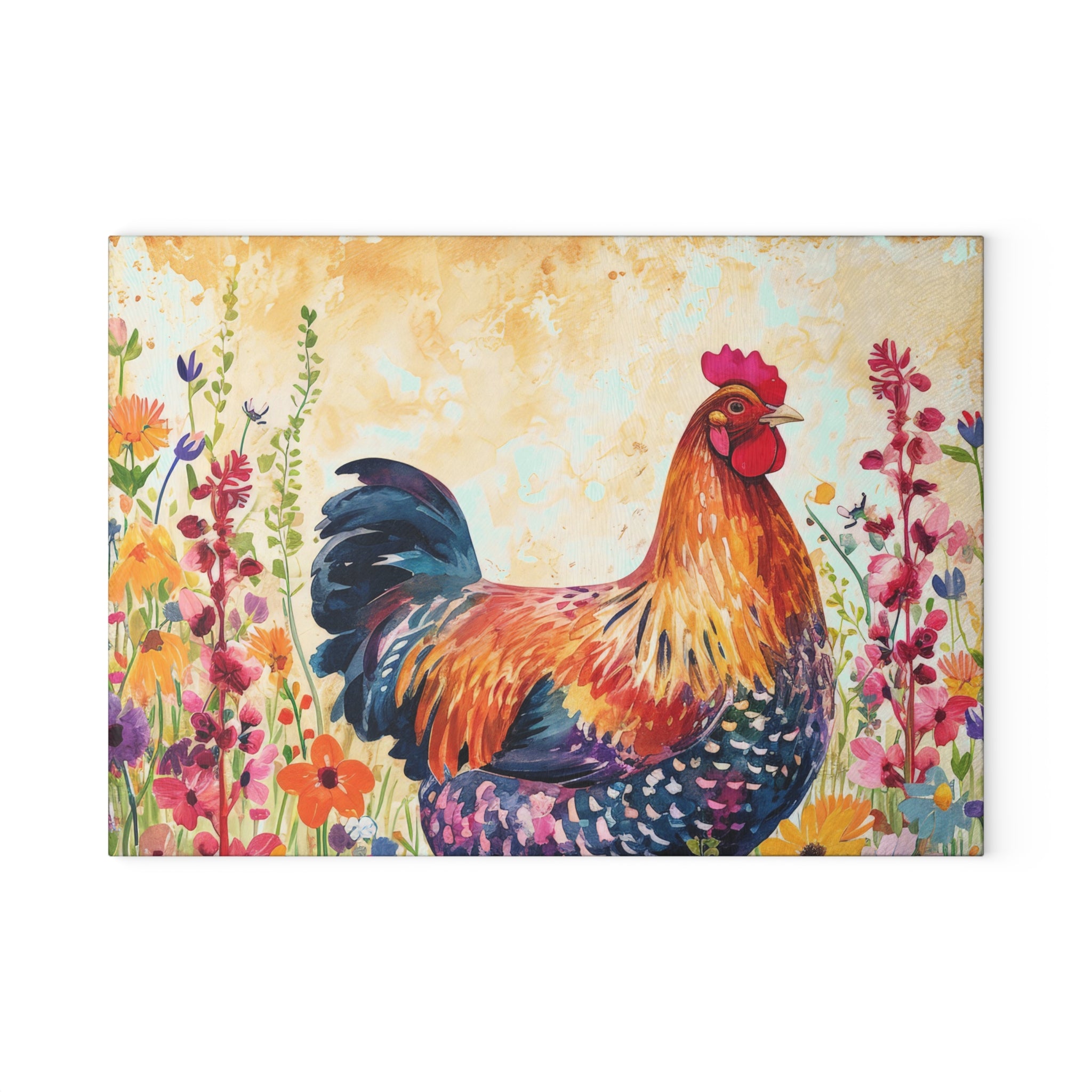 Vintage0 Floral Chicken Glass Cutting Board – Farmhouse Kitchen Decor, Colorful Chicken Counter Protector, Homestead Gift