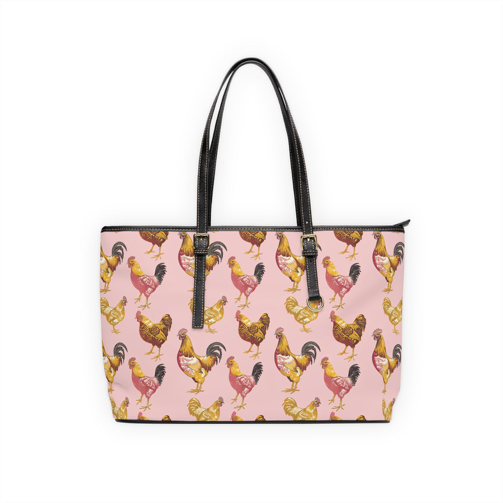 Pink & Gold Chicken Print PU Leather Shoulder Bag – Farmhouse Chicken Tote, Cute Hen Pattern Purse, Farm Life Handbag, Backyard Chicken Lover Bag