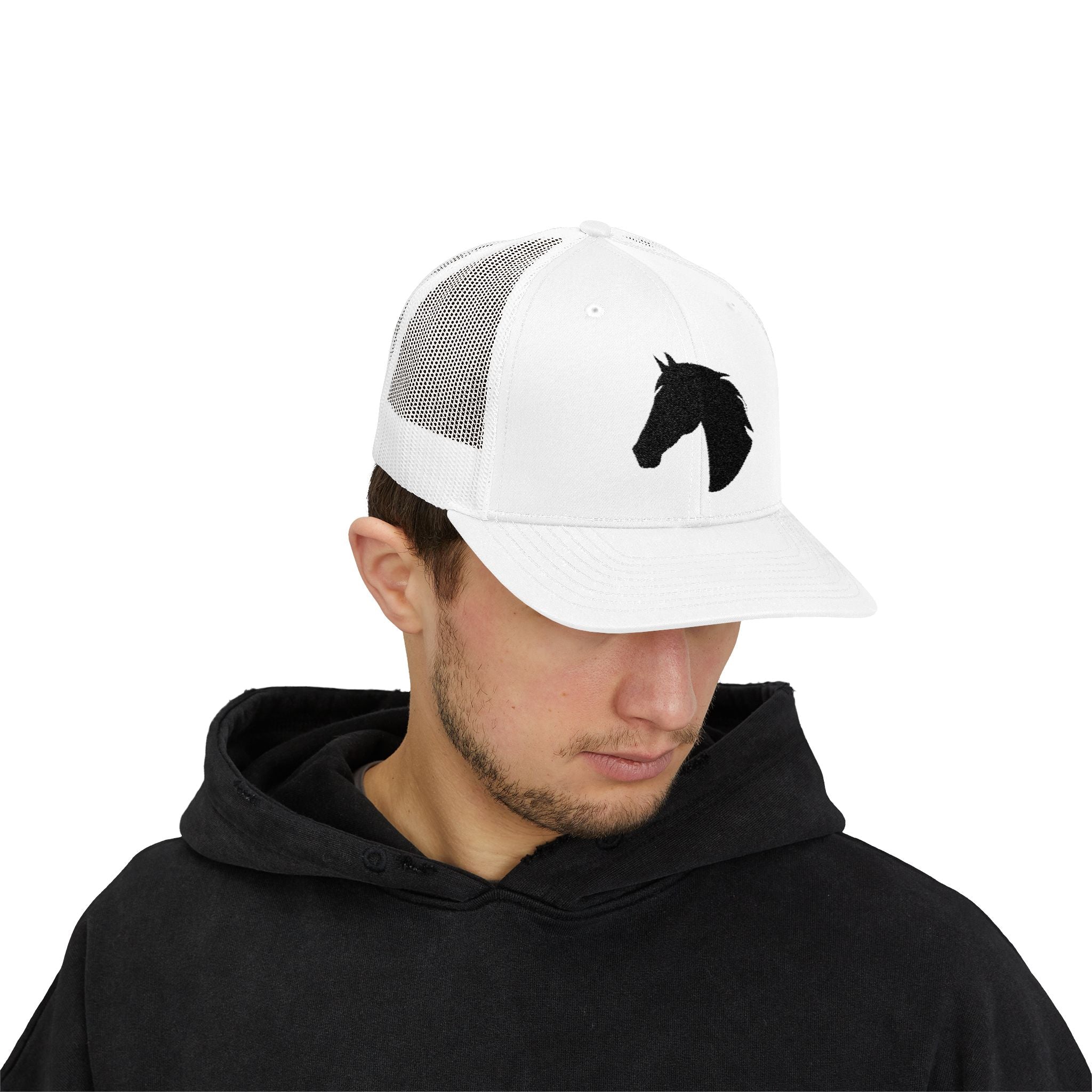 Horse Head Trucker Hat | Western Horse Silhouette Mesh Snapback Cap | Equestrian Ranch Hat | Rustic Farm Life Cowboy Cowgirl Horse Lover Hat