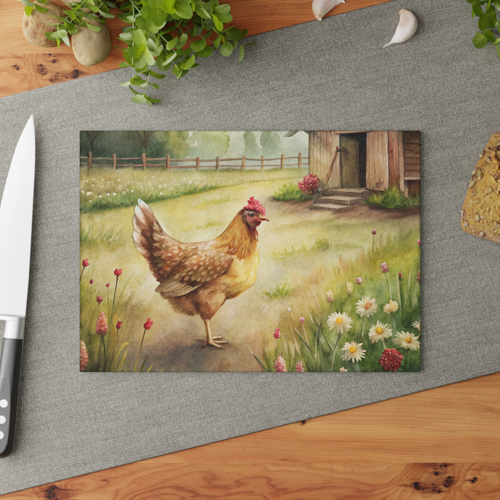 Farmhouse Chicken Glass Cutting Board | Rustic Hen Kitchen Decor | Watercolor Chicken Tempered Glass Cutting Board | Gumpert Homestead