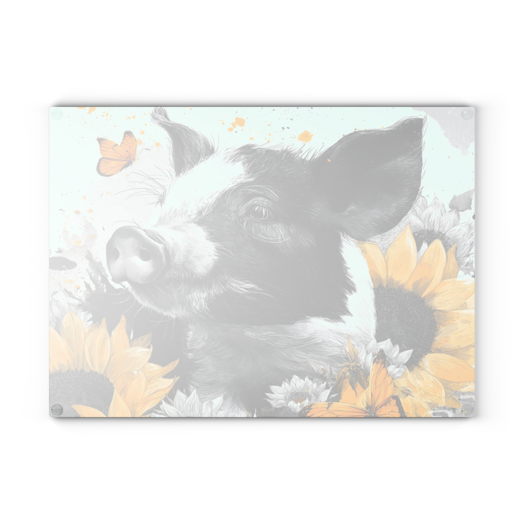 Sunflower Pig Glass Cutting Board – Rustic Farm Pig Kitchen Decor, Floral Farmhouse Cutting Board, Country Homestead Kitchen Gift