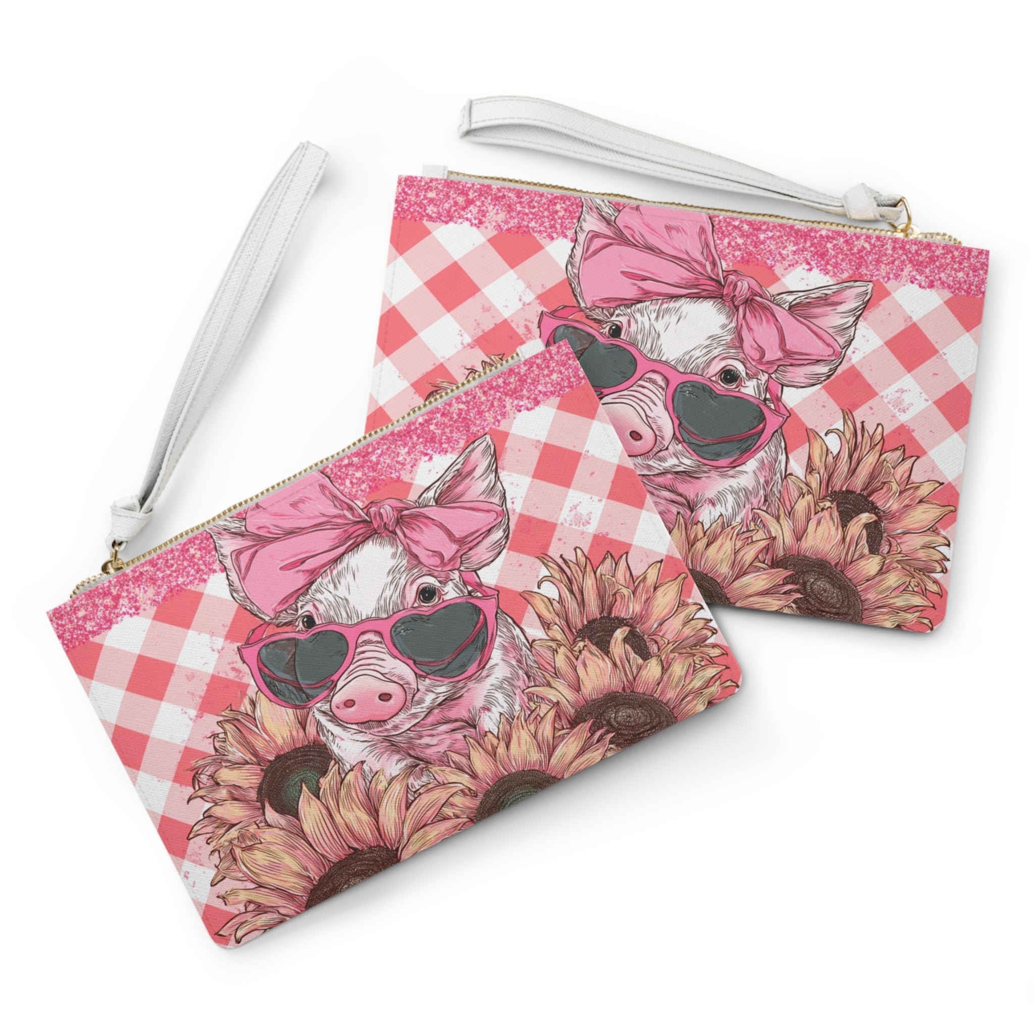 Pink Gingham Pig Clutch Bag | Cute Farm Pig Wristlet Purse | Farmhouse Makeup Bag | Sunflower Pig Zipper Pouch | Cottagecore Homestead Gift