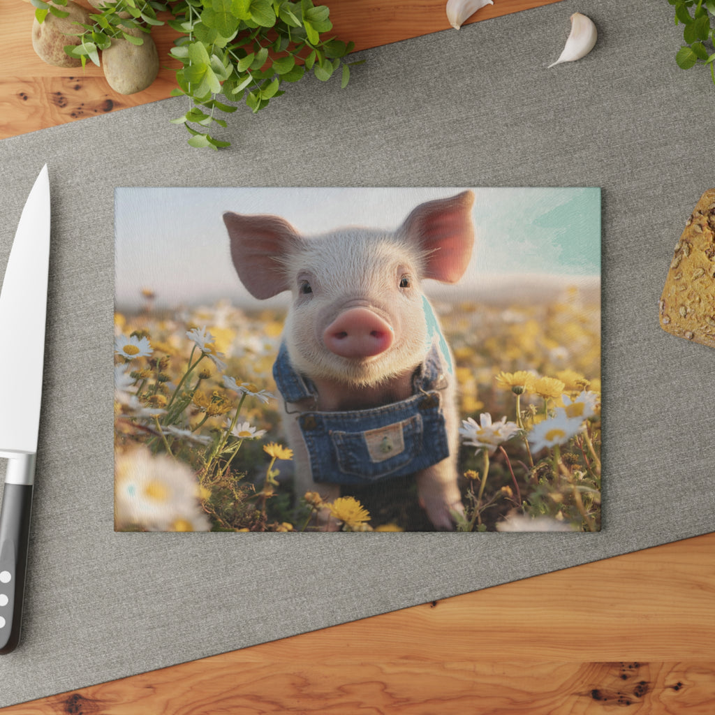 Piglet in Overalls Glass Cutting Board – Cute Farm Pig Kitchen Decor, Baby Pig Farmhouse Cutting Board, Country Homestead Kitchen Gift