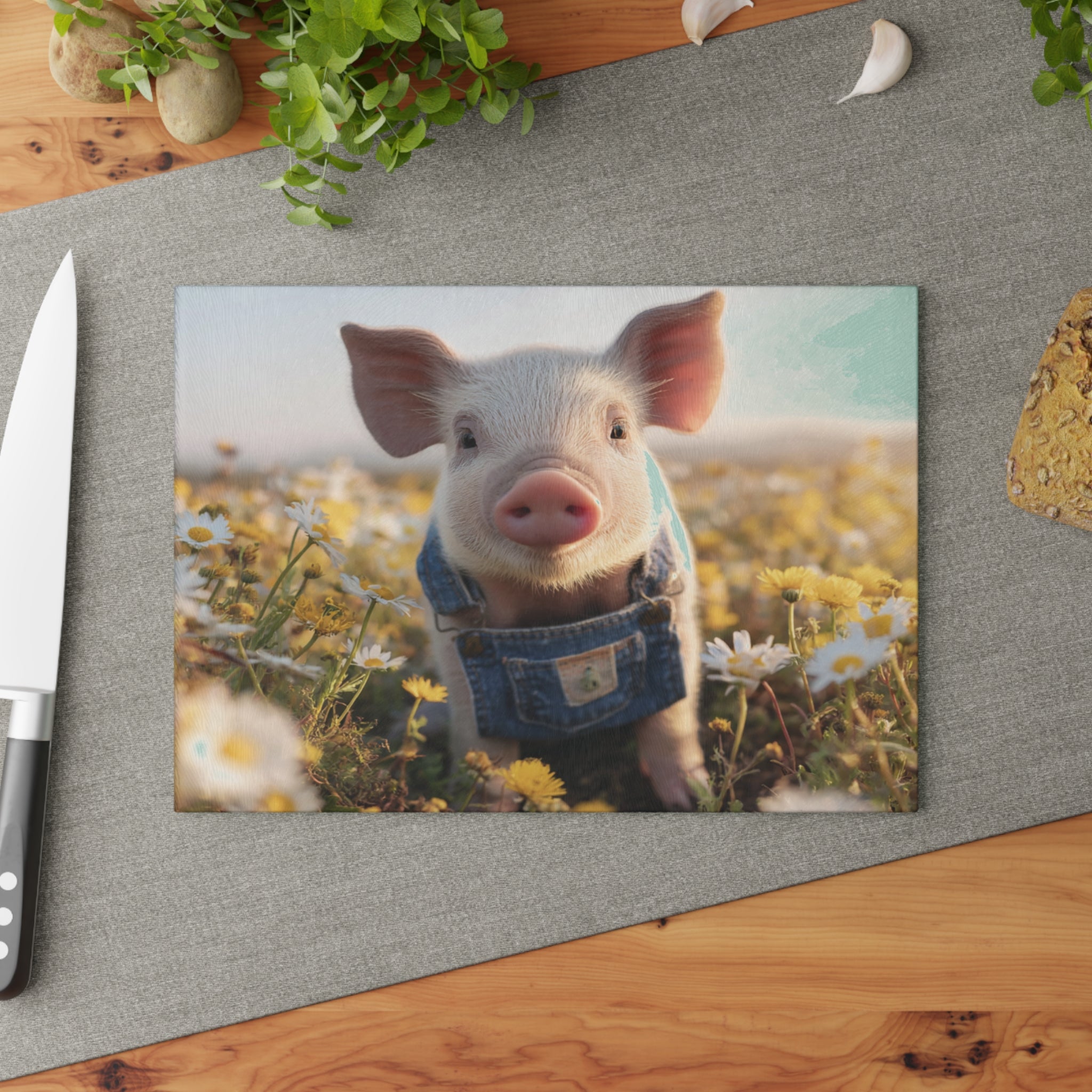Piglet in Overalls Glass Cutting Board – Cute Farm Pig Kitchen Decor, Baby Pig Farmhouse Cutting Board, Country Homestead Kitchen Gift