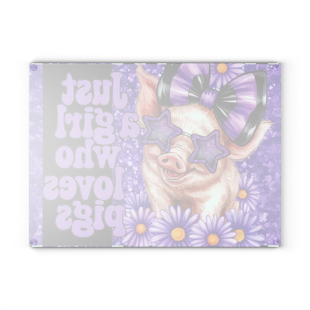 “Just a Girl Who Loves Pigs” Glass Cutting Board – Purple Floral Pig Kitchen Decor, Farmhouse Pig Lover Gift, Country Homestead Cutting Board