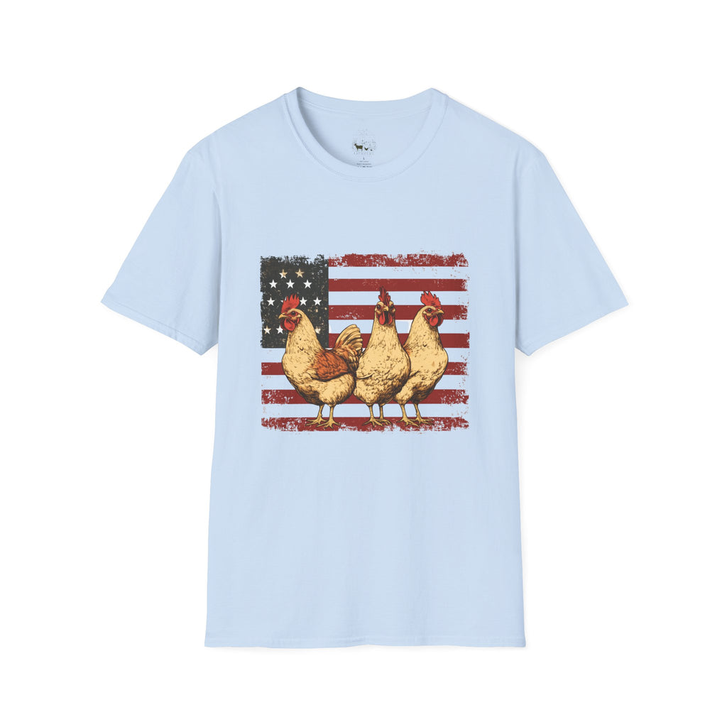 American Flag Chickens T-Shirt – American Flag Hen Shirt, Farm Life Tee, 4th of July Chicken Shirt, Backyard Chicken Keeper Gift, Homestead Farm Apparel