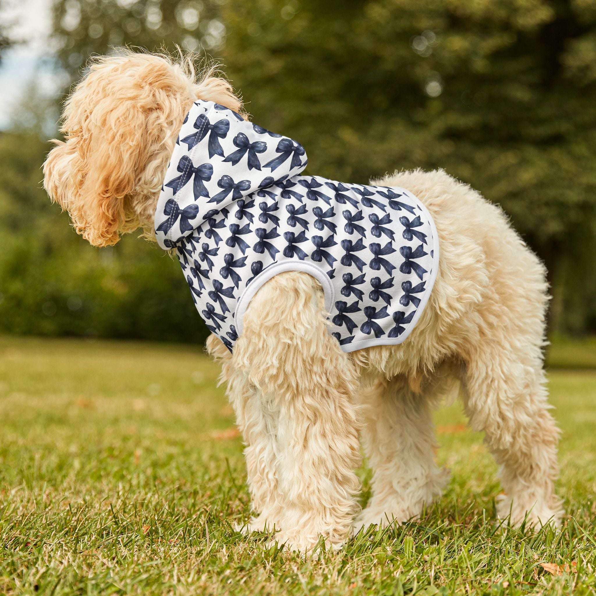 Navy Coquette Bows Cute Pet Hoodie - Adorable Puppy Sweater, Small Dog Outfit, Furry Friend Gift, Pet Apparel, Animal Lover Present