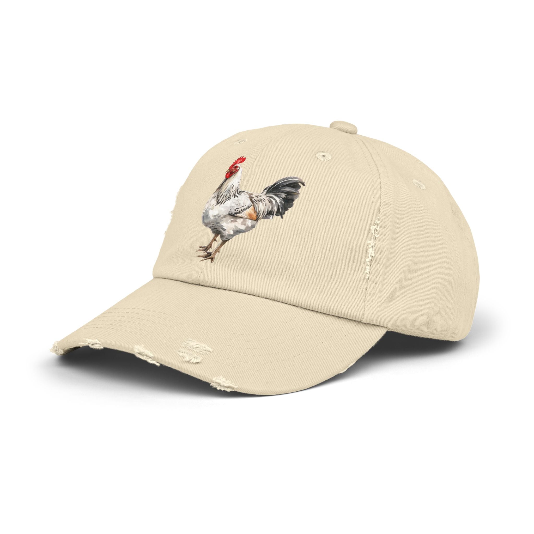 Speckled White Rooster Distressed Baseball Cap – Light Sussex Style Chicken Hat, Vintage Farm Rooster Cap, Backyard Chicken Keeper Gift