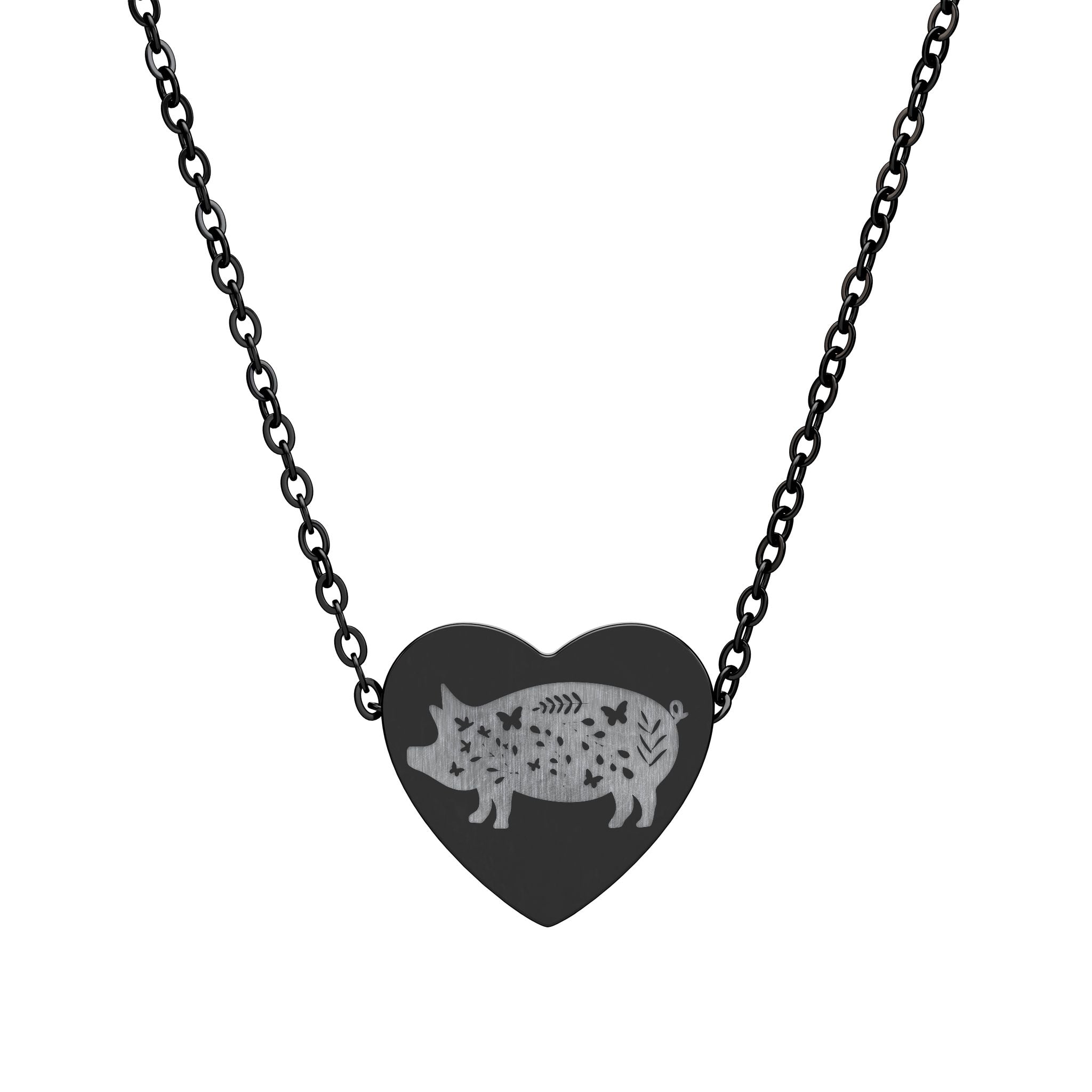 Floral Pig Heart Necklace – Farm Pig Jewelry, Pig Lover Gift, Homestead Necklace, Mini Pig Pendant, Farm Animal Jewelry, Stainless Steel Engraved Heart Necklace