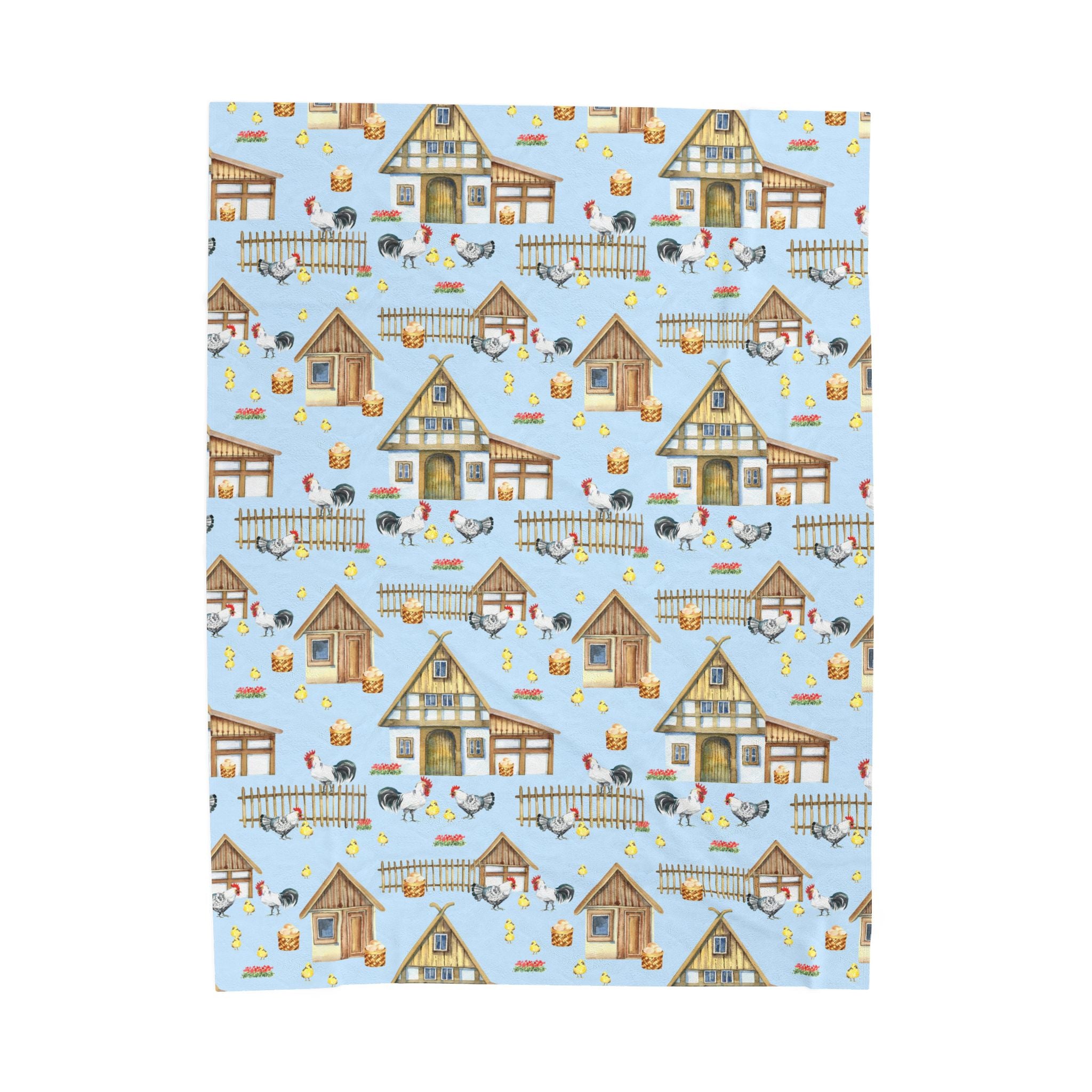 Farm Scene Velveteen Plush Blanket – Cozy Cottagecore Village Throw, Country Homestead Farmhouse Home Decor