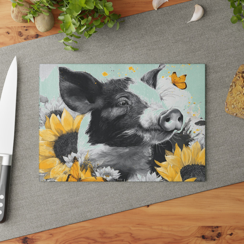 Sunflower Pig Glass Cutting Board – Rustic Farm Pig Kitchen Decor, Floral Farmhouse Cutting Board, Country Homestead Kitchen Gift