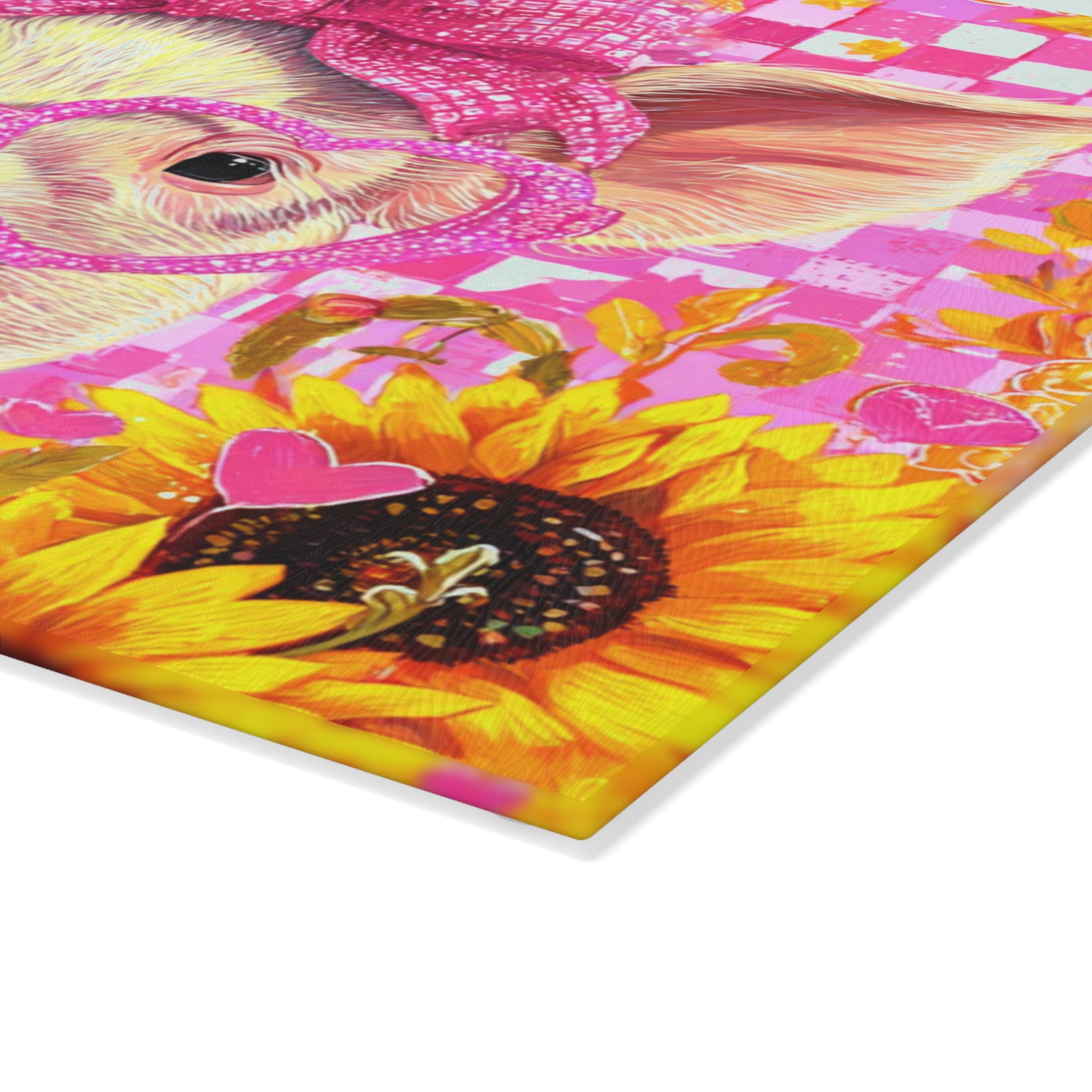 Cute Pink Floral Pig Glass Cutting Board – Farmhouse Sunflower Pig Kitchen Decor, Country Farm Animal Cutting Board, Rustic Homestead Gift