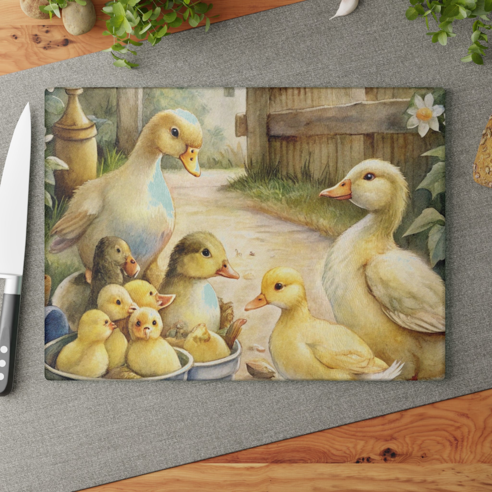 Farmhouse Duck Glass Cutting Board | Cute Duckling Kitchen Decor | Rustic Farm Animal Tempered Glass Cutting Board | Gumpert Homestead