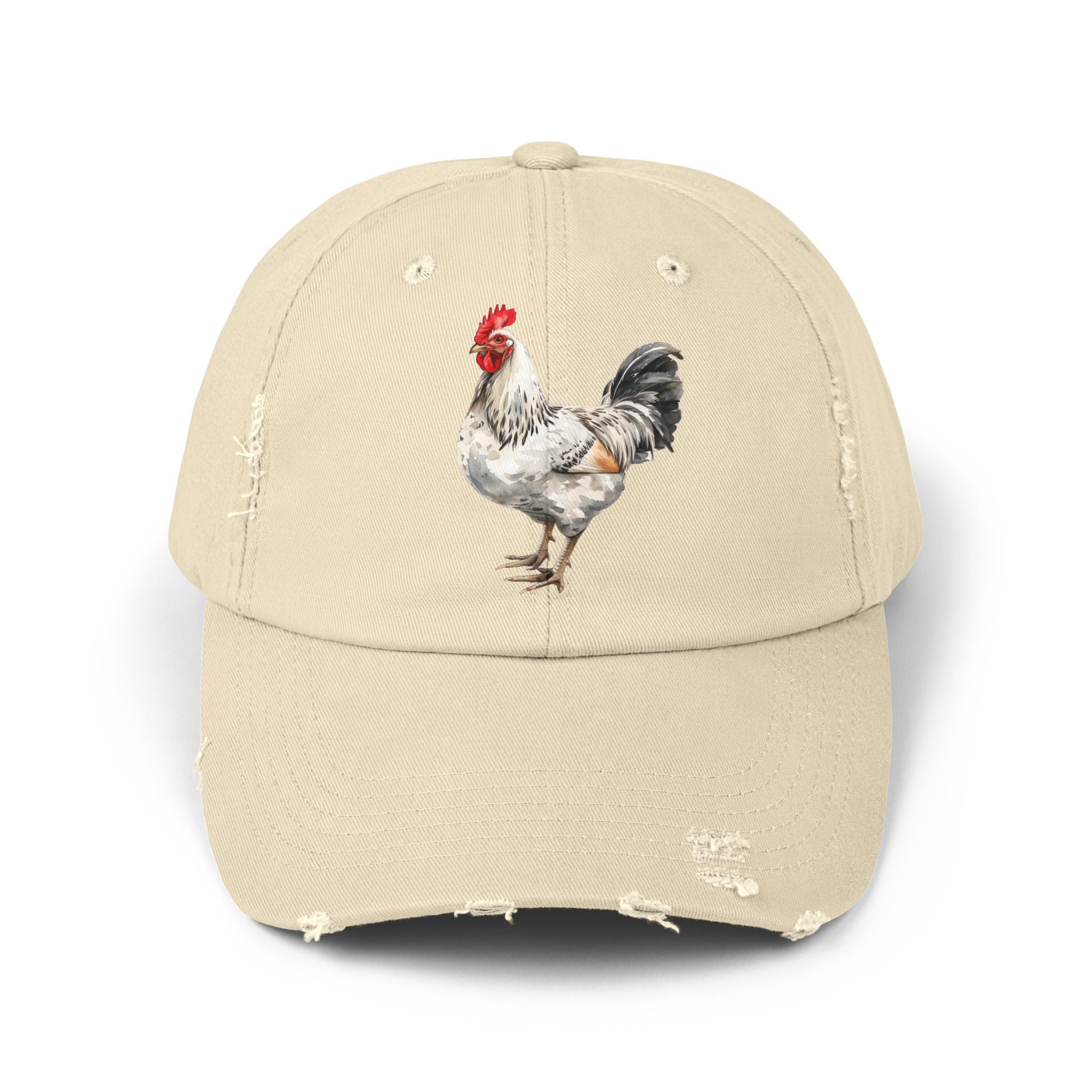 Speckled White Rooster Distressed Baseball Cap – Light Sussex Style Chicken Hat, Vintage Farm Rooster Cap, Backyard Chicken Keeper Gift