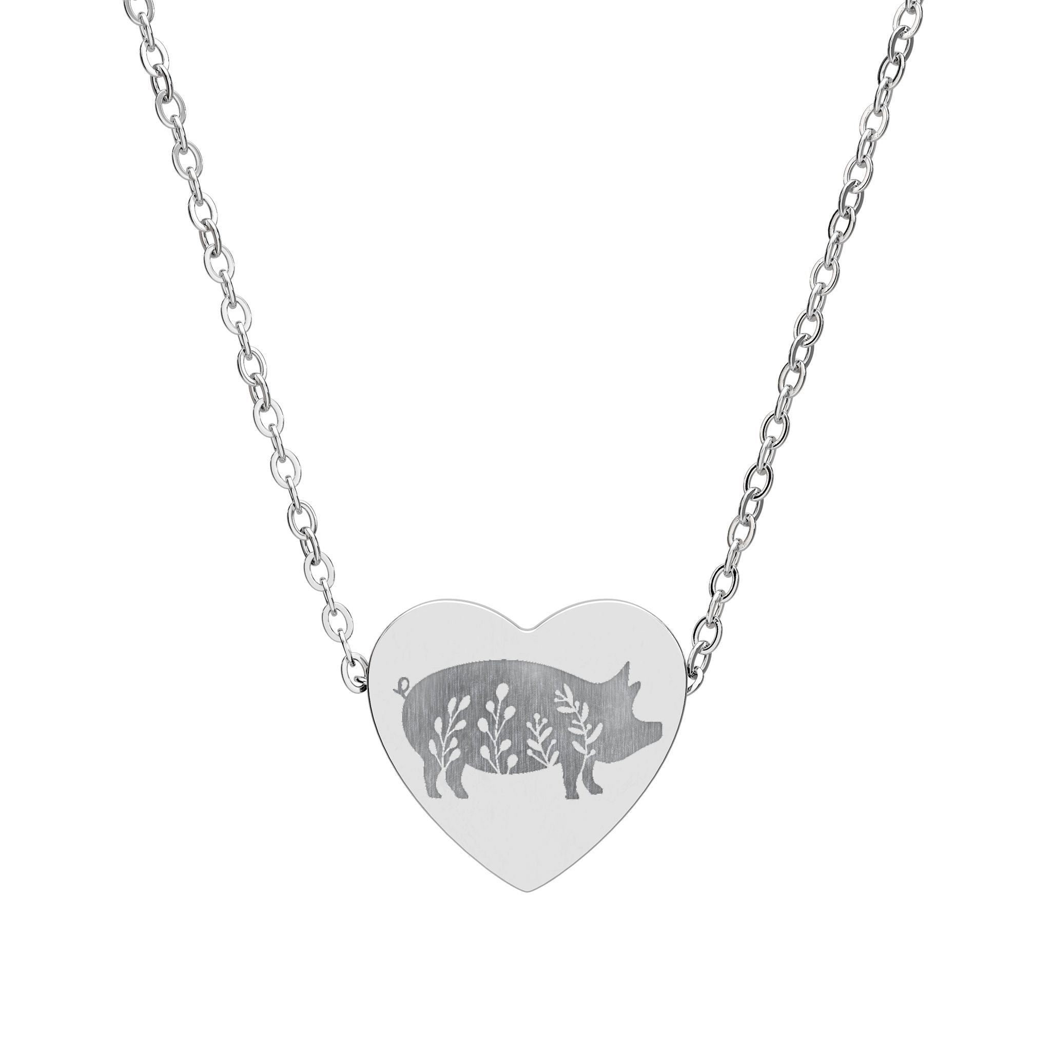 Floral Pig Heart Necklace – Farm Pig Jewelry, Pig Lover Gift, Homestead Necklace, Mini Pig Pendant, Farm Animal Jewelry, Stainless Steel Engraved Heart Necklace