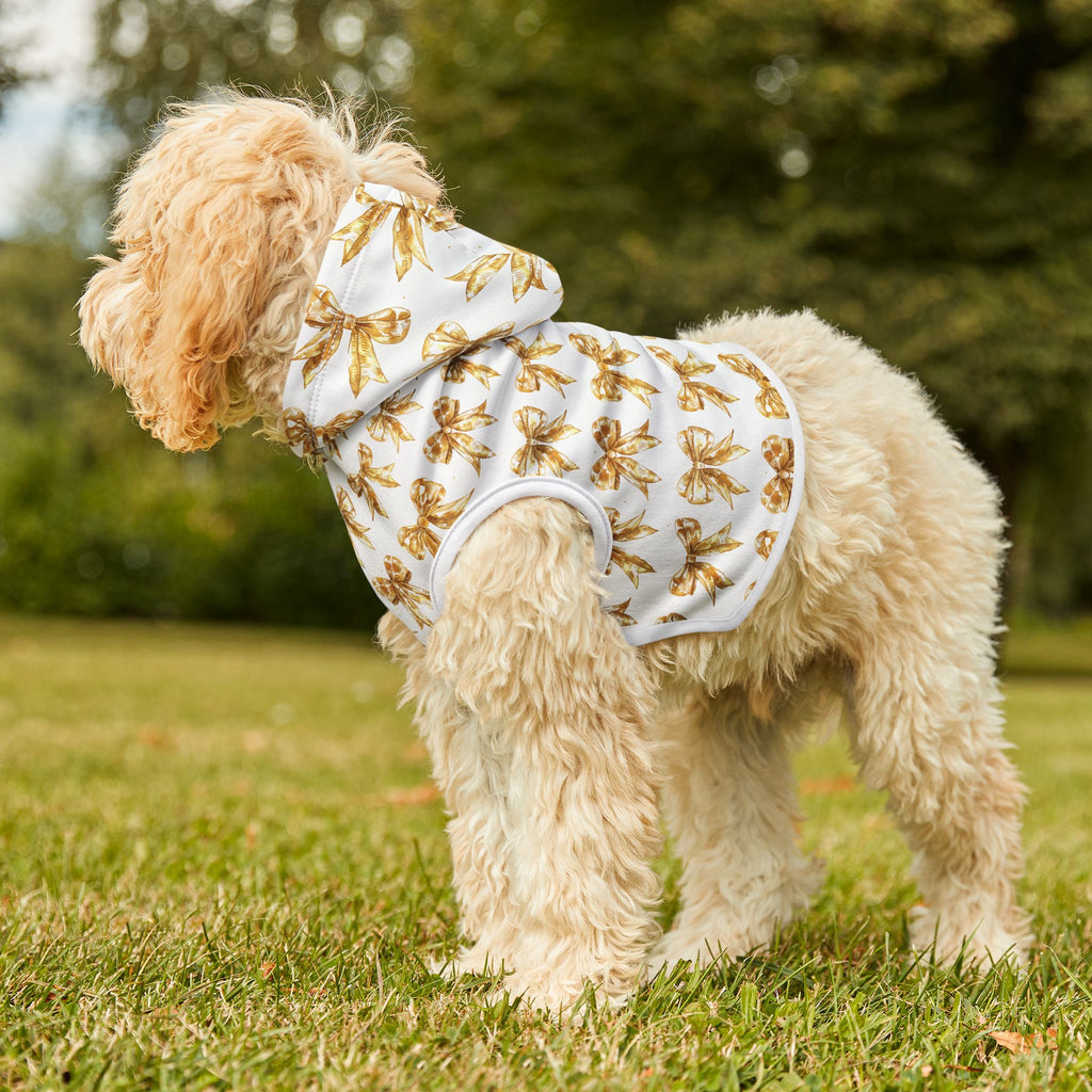 Gold Coquette Bows Cute Pet Hoodie - Adorable Puppy Sweater, Small Dog Outfit, Furry Friend Gift, Pet Apparel, Animal Lover Present