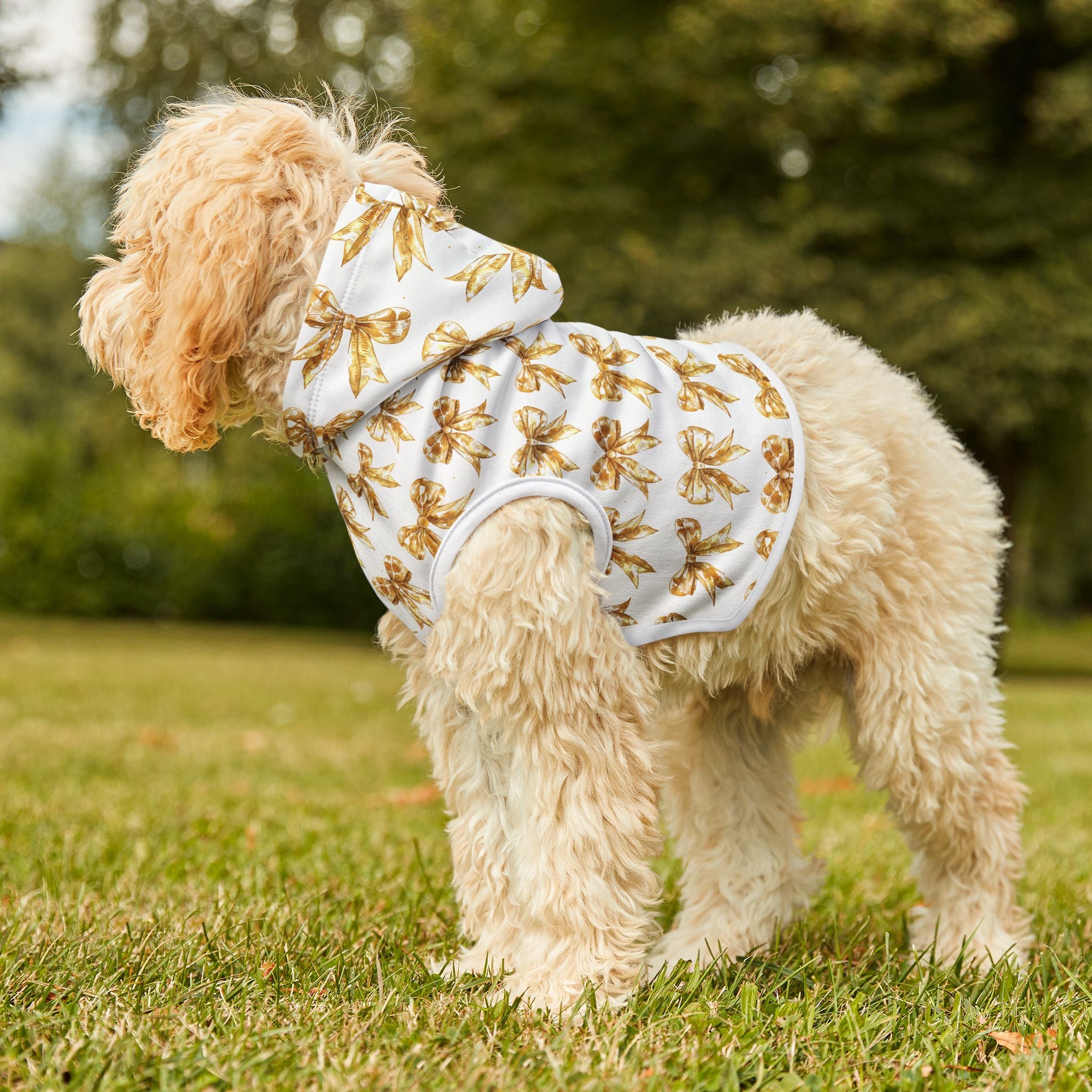 Gold Coquette Bows Cute Pet Hoodie - Adorable Puppy Sweater, Small Dog Outfit, Furry Friend Gift, Pet Apparel, Animal Lover Present
