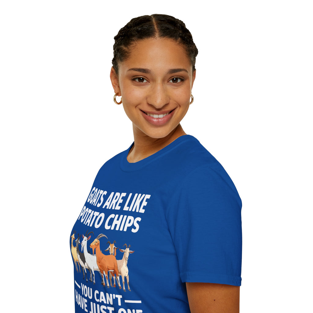 “Goats Are Like Potato Chips – You Can’t Have Just One” Funny Goat Lover Unisex T-Shirt | Farm Life Goat Tee