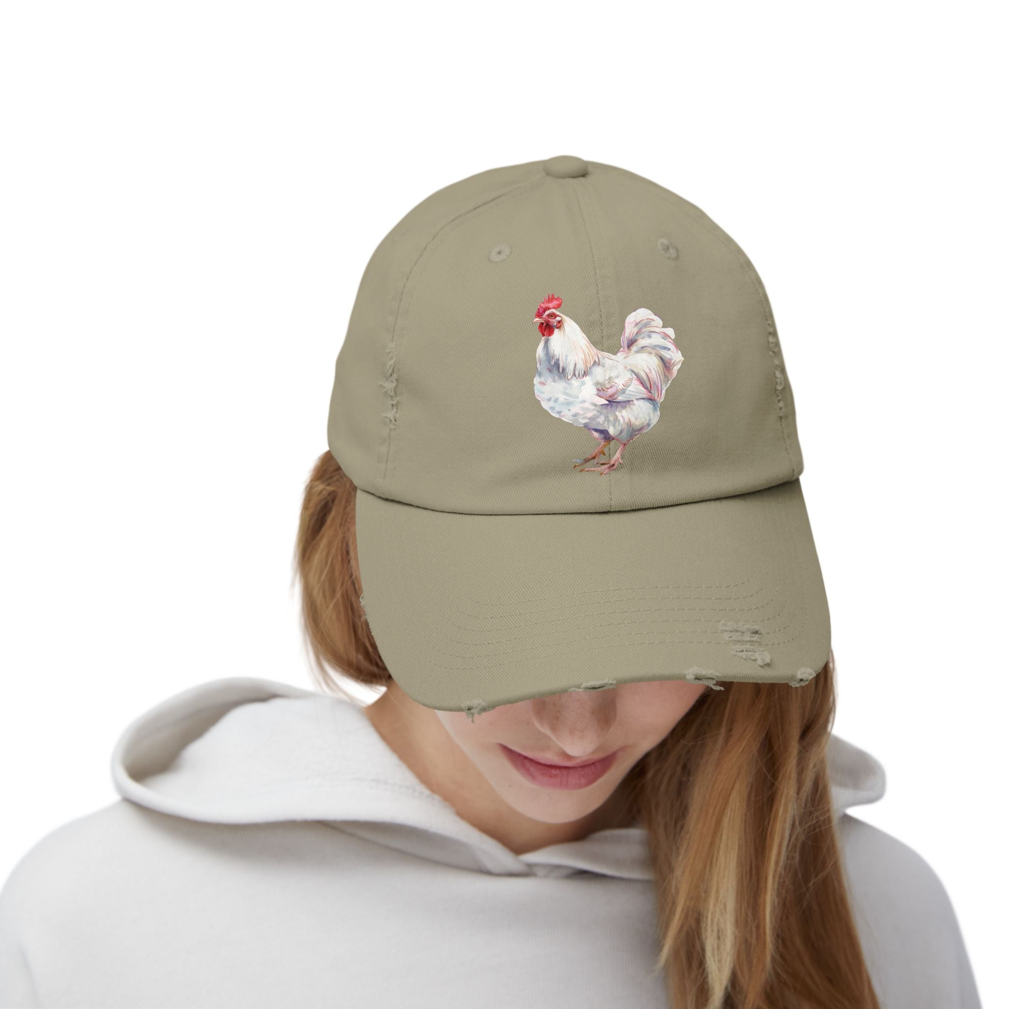 White Rooster Distressed Baseball Cap – Vintage Chicken Hat, Leghorn-Style Rooster, Farmhouse Poultry Cap, Backyard Chicken Keeper Gift
