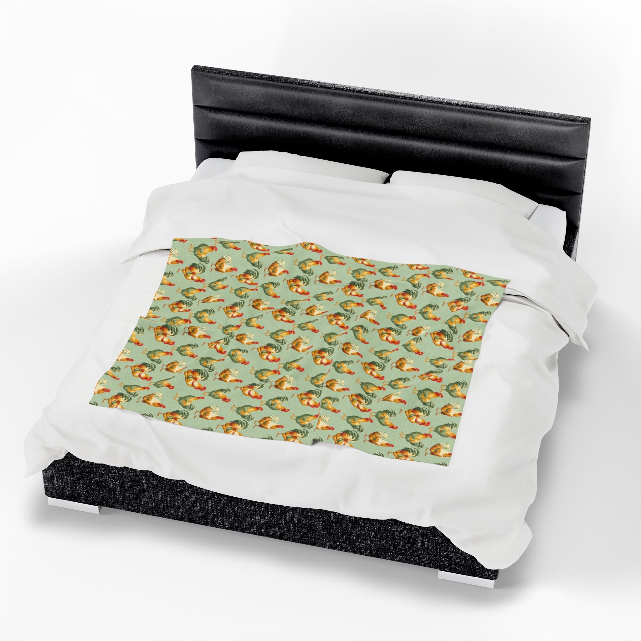 Sage Roosters Velveteen Plush Blanket Vintage Chicken Farmhouse Throw, Cozy Cottagecore Country Home Decor